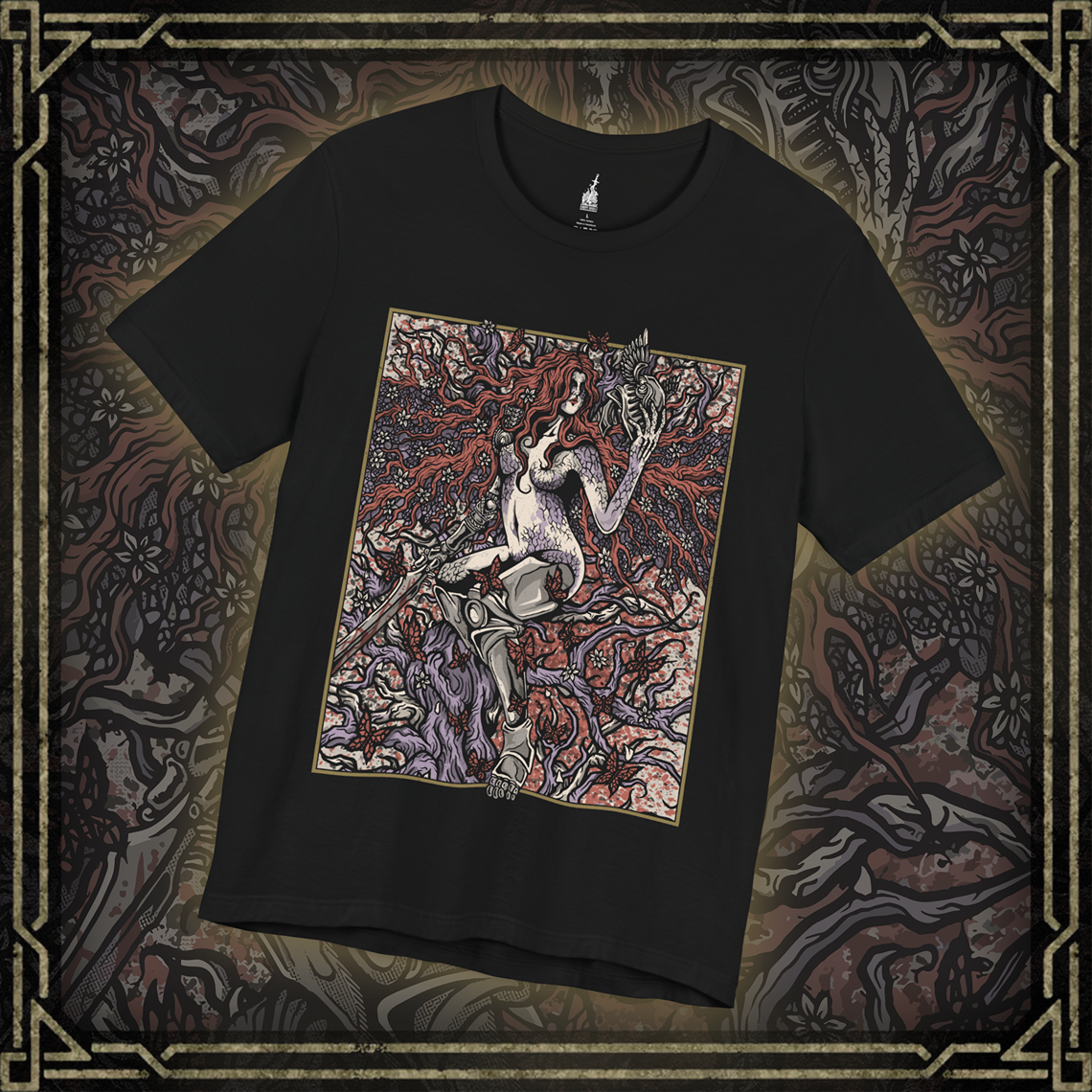 Thumbnail of a T-shirt featuring Malenia, Goddess of Rot from Elden Ring, the fearsome demigod whose elegance masks a devastating curse. Wielding her prosthetic katana with unmatched precision, Malenia is both graceful and deadly. This design captures her second form, where Scarlet Rot blooms in divine wrath, symbolizing beauty entwined with decay in one of the game’s most iconic battles.