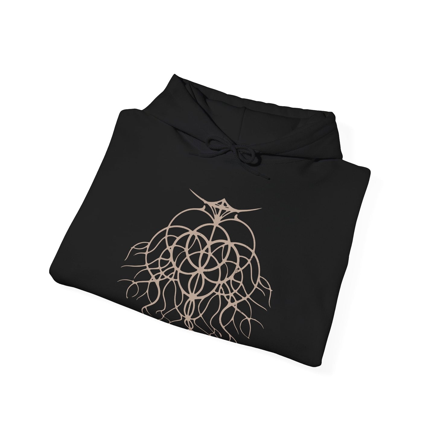 Folded Hooded Sweatshirt showcasing Maliketh, the Black Blade, a towering warrior-beast in Elden Ring who sealed away Destined Death to preserve the Golden Order. His feral grace and shadowy armor reflect both martial mastery and burdened loyalty. This artwork honors his pivotal role in the Erdtree’s dark legacy and the shattering of fate.