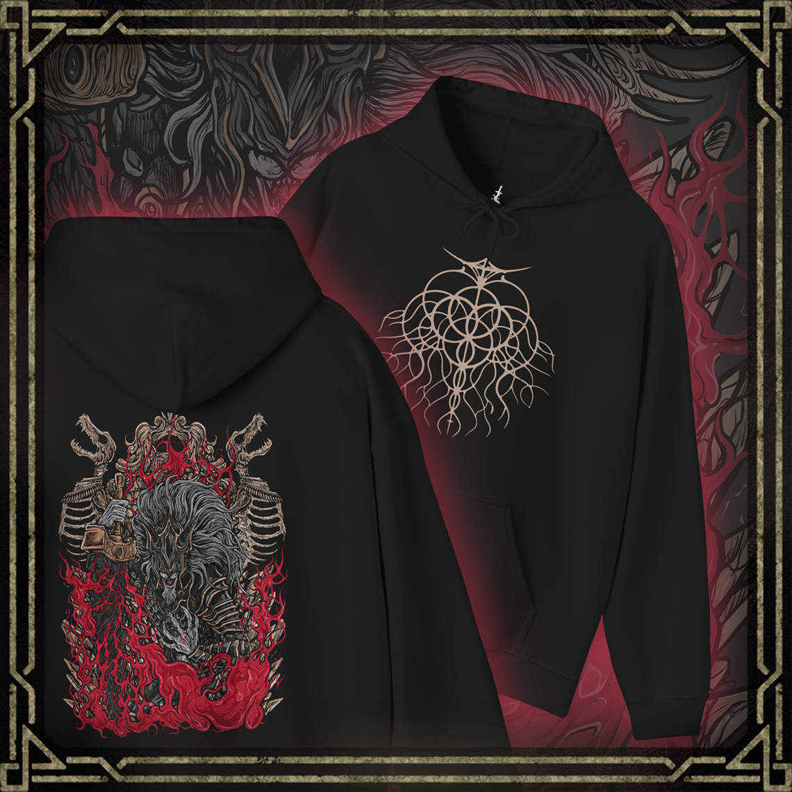 Thumbnail of a Hooded Sweatshirt showcasing Maliketh, the Black Blade, a towering warrior-beast in Elden Ring who sealed away Destined Death to preserve the Golden Order. His feral grace and shadowy armor reflect both martial mastery and burdened loyalty. This artwork honors his pivotal role in the Erdtree’s dark legacy and the shattering of fate.