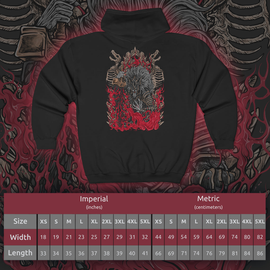 Size chart of a Zip-up Hooded Sweatshirt featuring Maliketh, the Black Blade from Elden Ring, the loyal beast cleric and guardian of Destined Death. Once known as Gurranq, Maliketh wields the power of the Rune of Death with unmatched ferocity. This design captures his blackened armor, crimson energy, and tragic duty—bound by faith, burdened by eternity, and feared by gods and mortals alike.