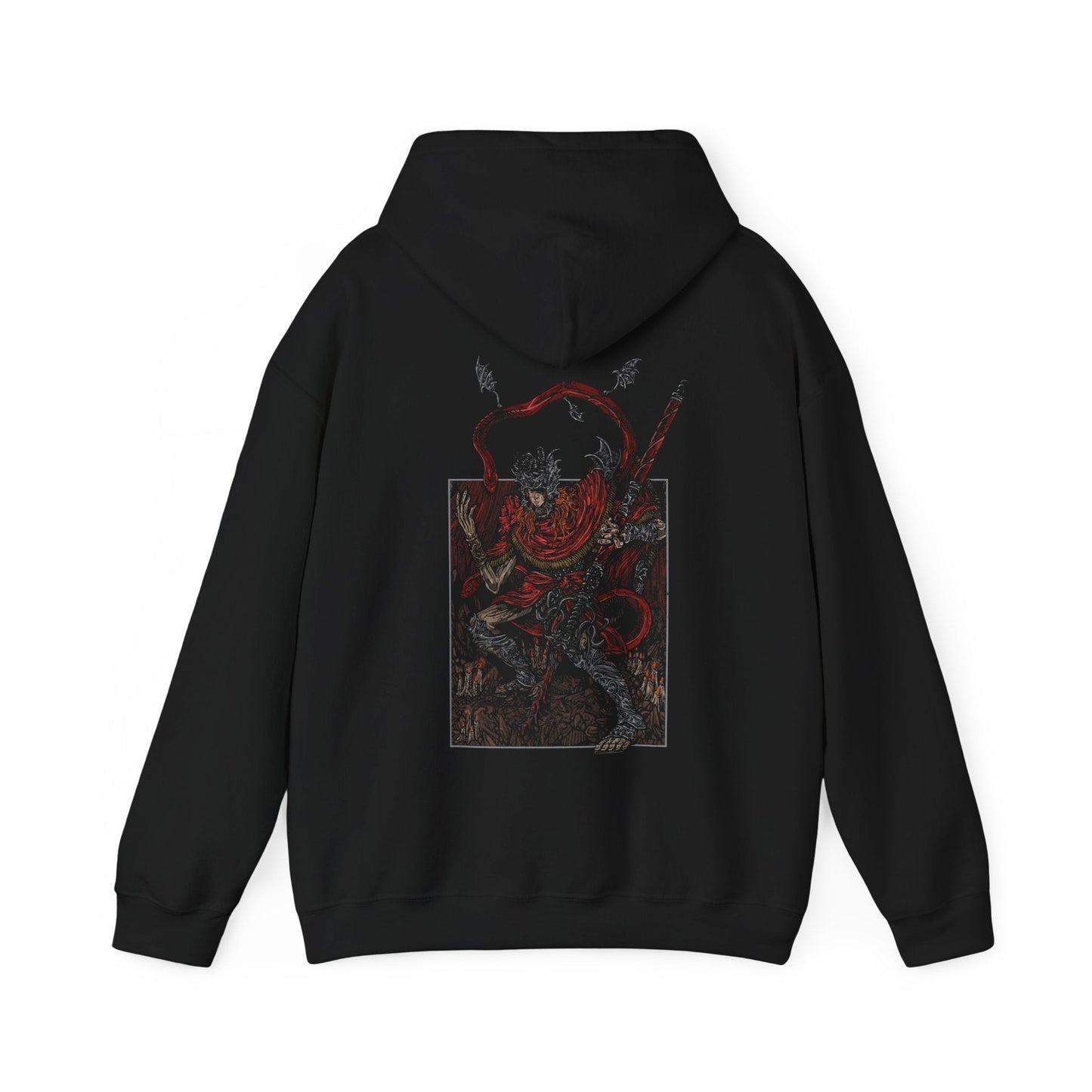 Image 4 of a This hooded sweatshirt features Messmer the Impaler in a gritty, bold design, capturing his menacing presence and iconic weapon. The artwork brings to life the dark, intense aura of Messmer, the exiled son of Queen Marika, whose ruthless crusade against the Hornsent people and destruction of their Divine Beasts marks his path of vengeance. Ideal for fans who embrace the grim atmosphere of Elden Ring and resonate with the shadowy forces shaping the Land of Shadows.