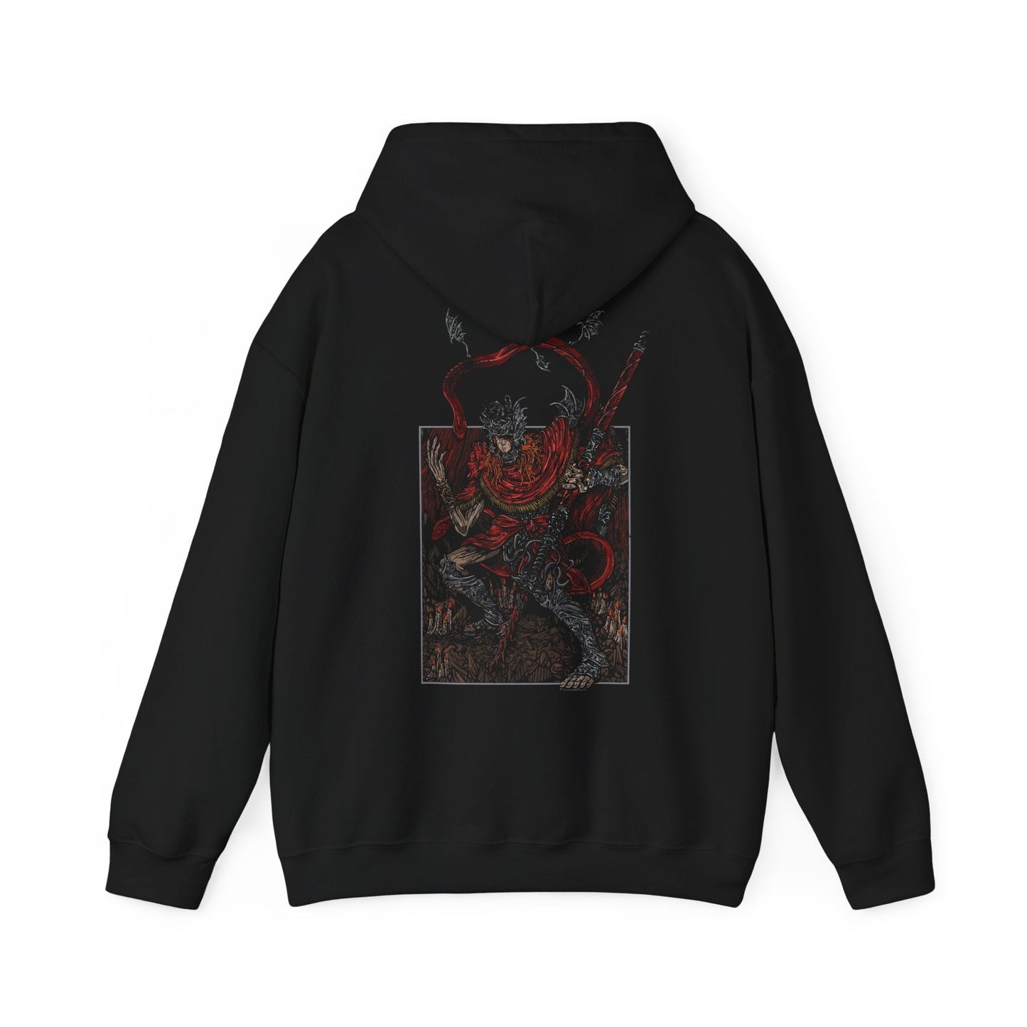 Image 5 of a This hooded sweatshirt features Messmer the Impaler in a gritty, bold design, capturing his menacing presence and iconic weapon. The artwork brings to life the dark, intense aura of Messmer, the exiled son of Queen Marika, whose ruthless crusade against the Hornsent people and destruction of their Divine Beasts marks his path of vengeance. Ideal for fans who embrace the grim atmosphere of Elden Ring and resonate with the shadowy forces shaping the Land of Shadows.