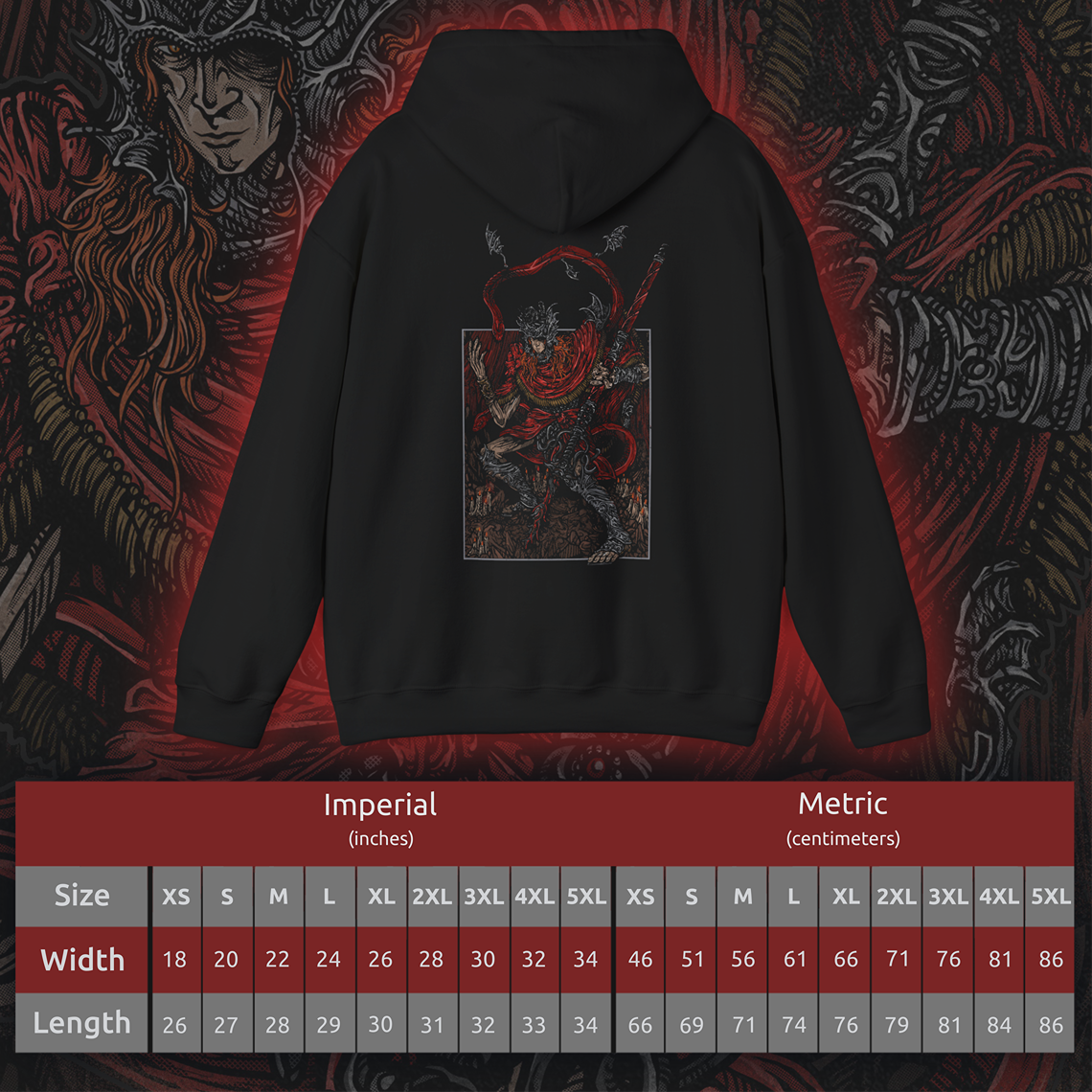 Size chart of a This hooded sweatshirt features Messmer the Impaler in a gritty, bold design, capturing his menacing presence and iconic weapon. The artwork brings to life the dark, intense aura of Messmer, the exiled son of Queen Marika, whose ruthless crusade against the Hornsent people and destruction of their Divine Beasts marks his path of vengeance. Ideal for fans who embrace the grim atmosphere of Elden Ring and resonate with the shadowy forces shaping the Land of Shadows.