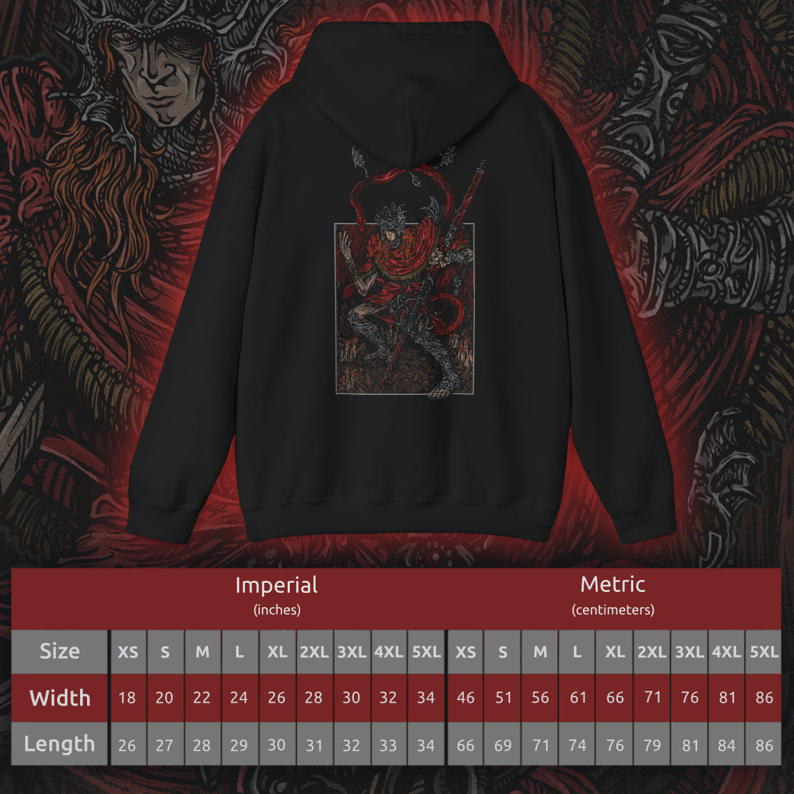 Size chart of a This hooded sweatshirt features Messmer the Impaler in a gritty, bold design, capturing his menacing presence and iconic weapon. The artwork brings to life the dark, intense aura of Messmer, the exiled son of Queen Marika, whose ruthless crusade against the Hornsent people and destruction of their Divine Beasts marks his path of vengeance. Ideal for fans who embrace the grim atmosphere of Elden Ring and resonate with the shadowy forces shaping the Land of Shadows.