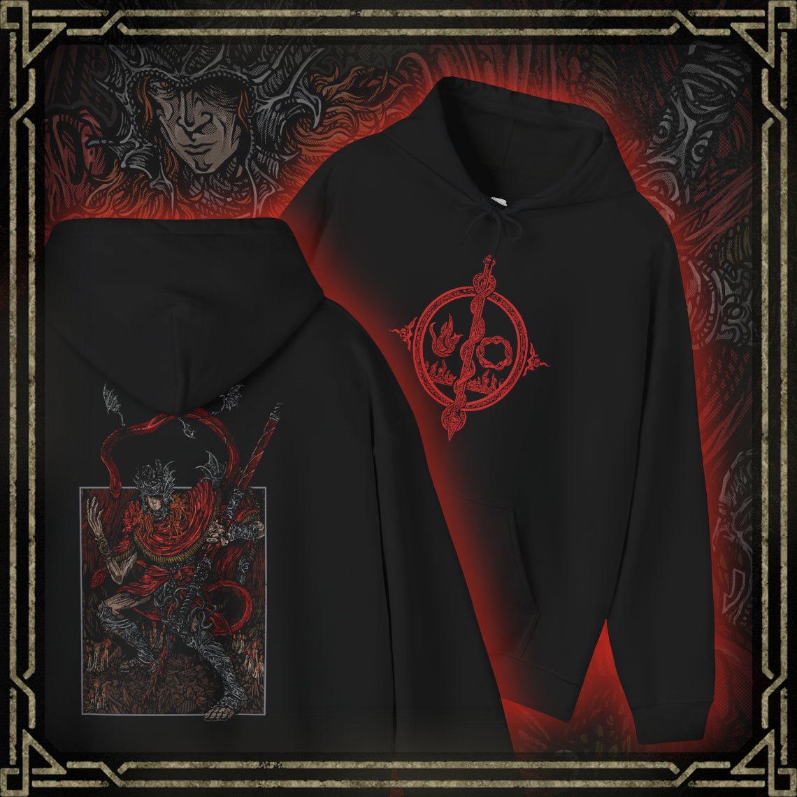 Thumbnail of a This hooded sweatshirt features Messmer the Impaler in a gritty, bold design, capturing his menacing presence and iconic weapon. The artwork brings to life the dark, intense aura of Messmer, the exiled son of Queen Marika, whose ruthless crusade against the Hornsent people and destruction of their Divine Beasts marks his path of vengeance. Ideal for fans who embrace the grim atmosphere of Elden Ring and resonate with the shadowy forces shaping the Land of Shadows.