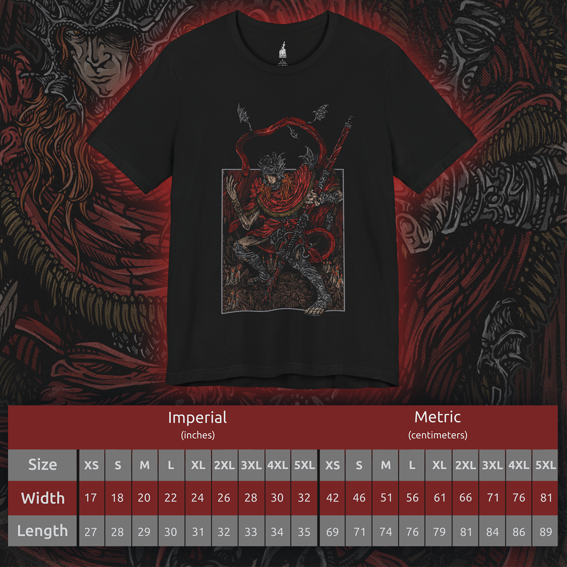 Size chart of a T-shirt featuring Messmer the Impaler in a gritty design, showcasing his menacing appearance and signature weapon, perfect for fans who appreciate the dark and intense atmosphere of his character in Elden Ring.