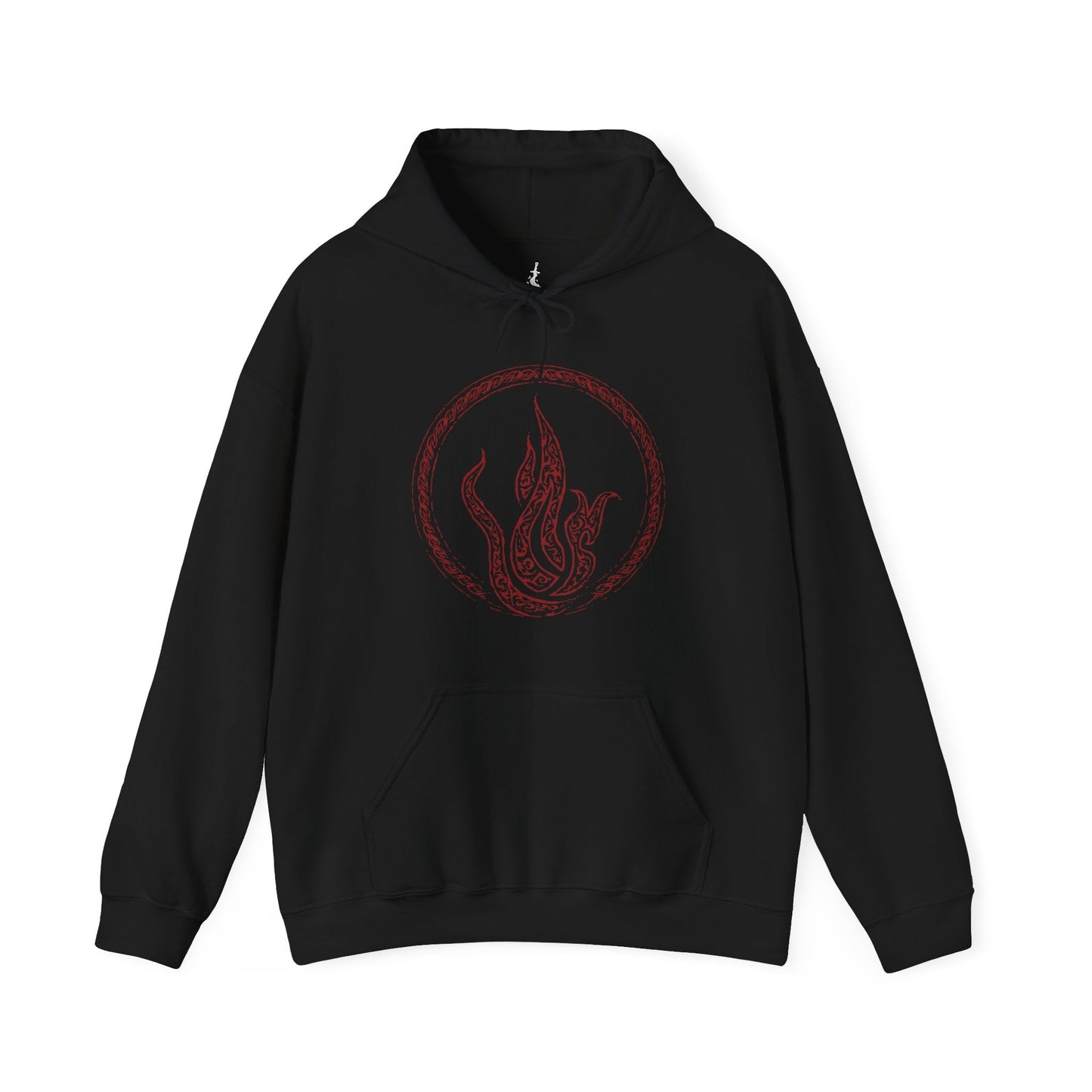 Image 3 of a Black Hooded Sweatshirt featuring Messmer the Impaler from Elden Ring Shadow of the Erdtree. His menacing silhouette and iconic weapon are brought to life in gritty detail, reflecting the raw intensity of his character. As the exiled son of Queen Marika and the merciless leader of the crusade against the Hornsent, Messmer commands fear and respect. Perfect for fans who admire the haunting beauty and grim atmosphere of the Land of Shadow.