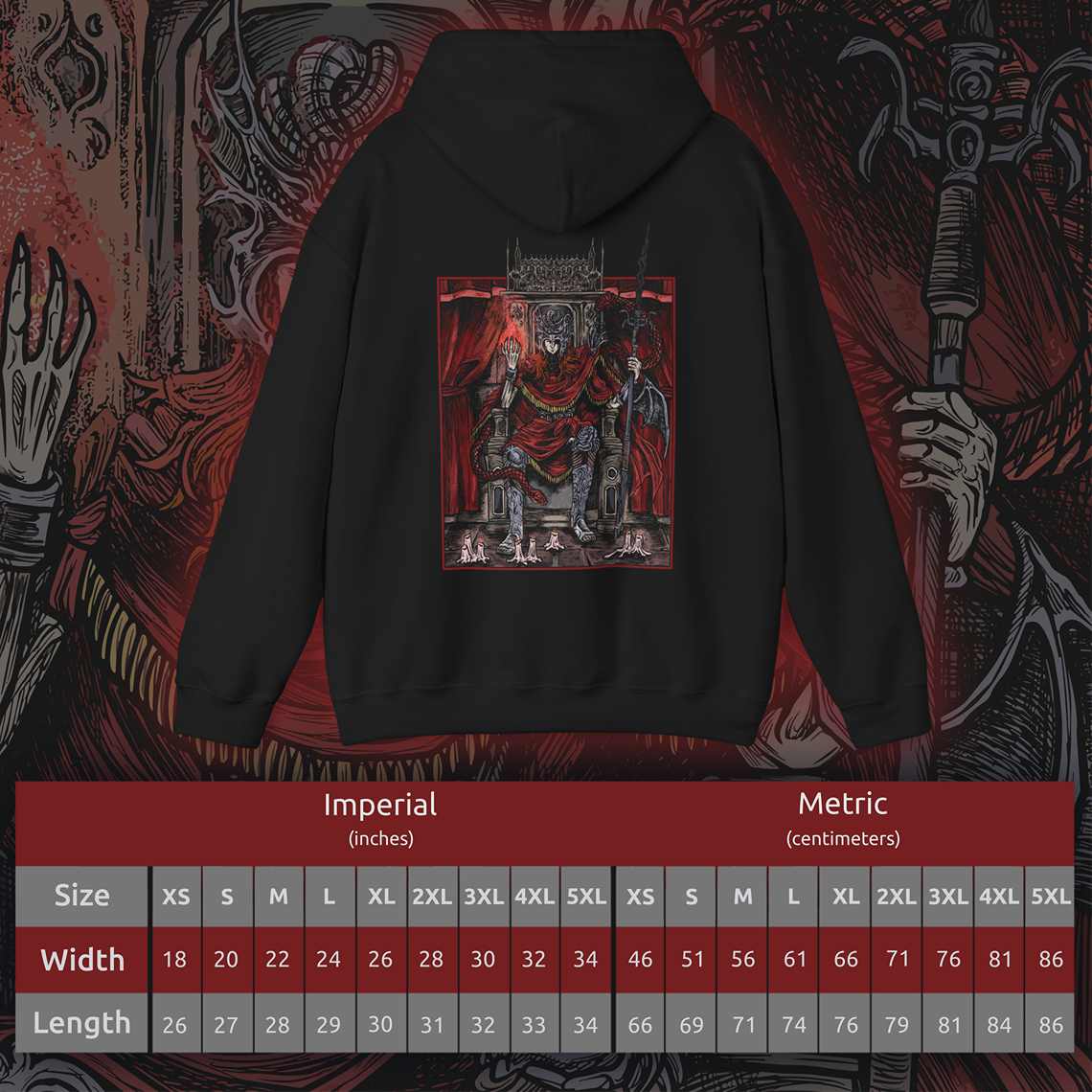 Size chart of a Hooded Sweatshirt featuring Messmer the Impaler from Elden Ring Shadow of the Erdtree. His menacing silhouette and iconic weapon are brought to life in gritty detail, reflecting the raw intensity of his character. As the exiled son of Queen Marika and the merciless leader of the crusade against the Hornsent, Messmer commands fear and respect. Perfect for fans who admire the haunting beauty and grim atmosphere of the Land of Shadow.