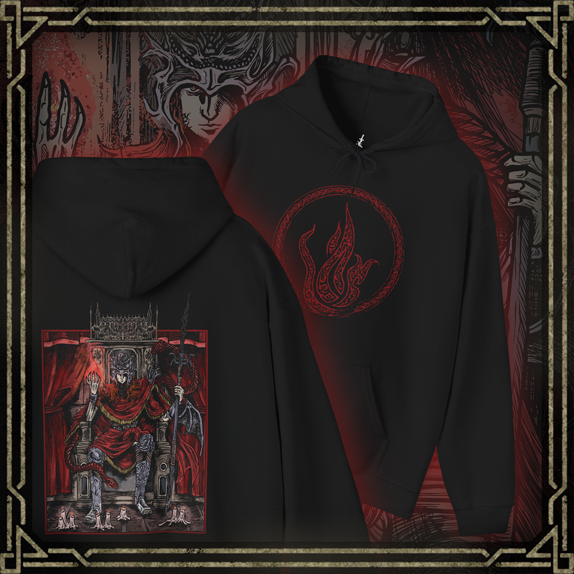 Thumbnail of a Hooded Sweatshirt featuring Messmer the Impaler from Elden Ring Shadow of the Erdtree. His menacing silhouette and iconic weapon are brought to life in gritty detail, reflecting the raw intensity of his character. As the exiled son of Queen Marika and the merciless leader of the crusade against the Hornsent, Messmer commands fear and respect. Perfect for fans who admire the haunting beauty and grim atmosphere of the Land of Shadow.