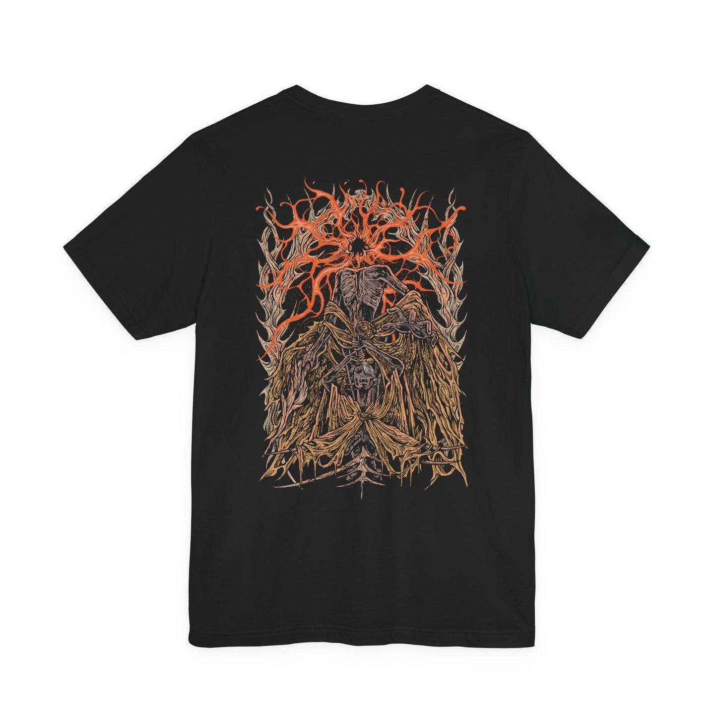 Image 5 of a T-shirt featuring Midra, Lord of the Frenzied Flame, from Elden Ring, in a fiery, chaotic design that embodies the raw power and madness of the Frenzied Flame. The artwork captures Midra’s piercing gaze, wreathed in searing fire, alongside the ominous mark of the Three Fingers—symbolizing the unrelenting force of chaos. Ideal for fans who walk the darker, untamed paths of the Lands Between.