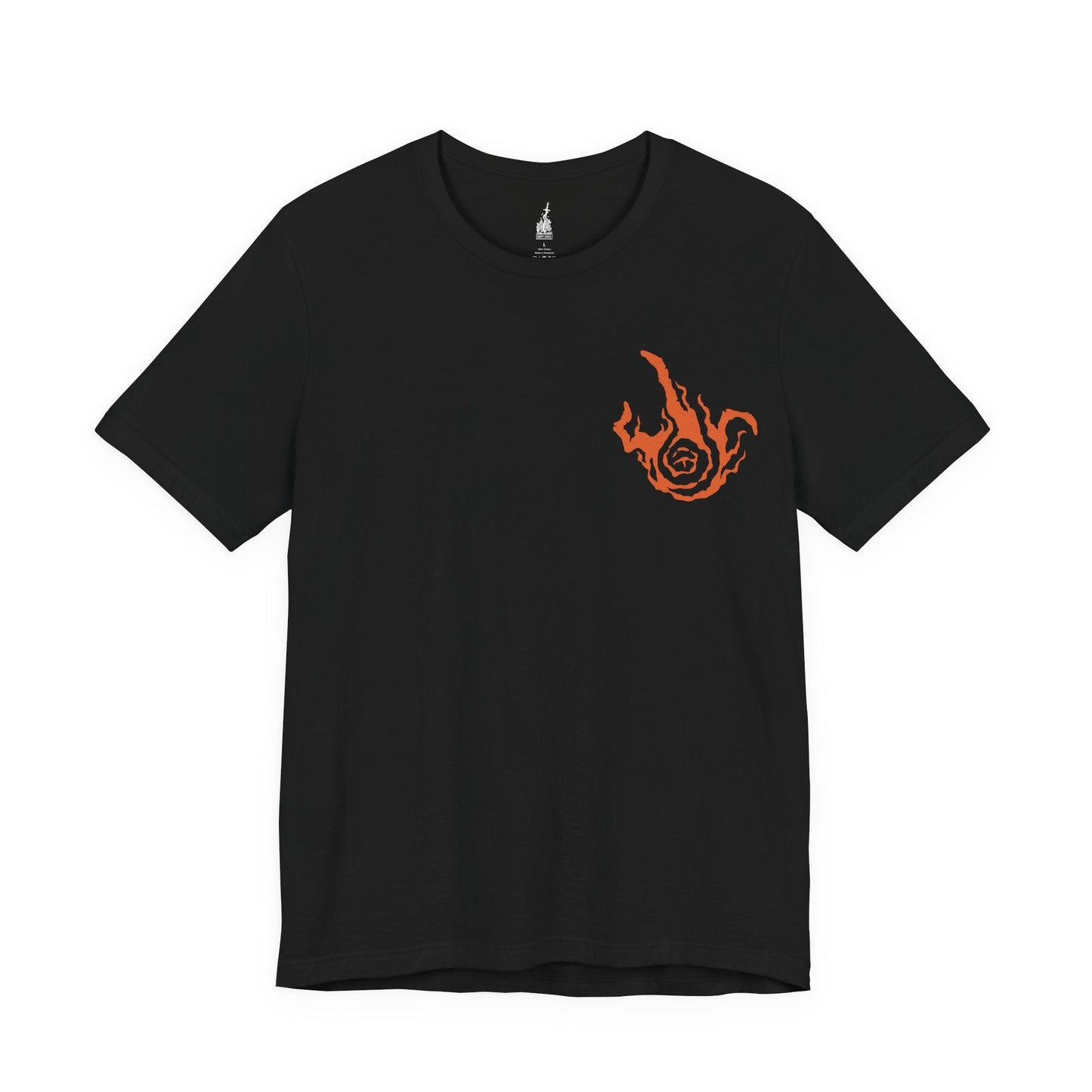 Image 4 of a Black T-shirt featuring Midra, Lord of the Frenzied Flame, from Elden Ring, in a fiery, chaotic design that embodies the raw power and madness of the Frenzied Flame. The artwork captures Midra’s piercing gaze, wreathed in searing fire, alongside the ominous mark of the Three Fingers—symbolizing the unrelenting force of chaos. Ideal for fans who walk the darker, untamed paths of the Lands Between.