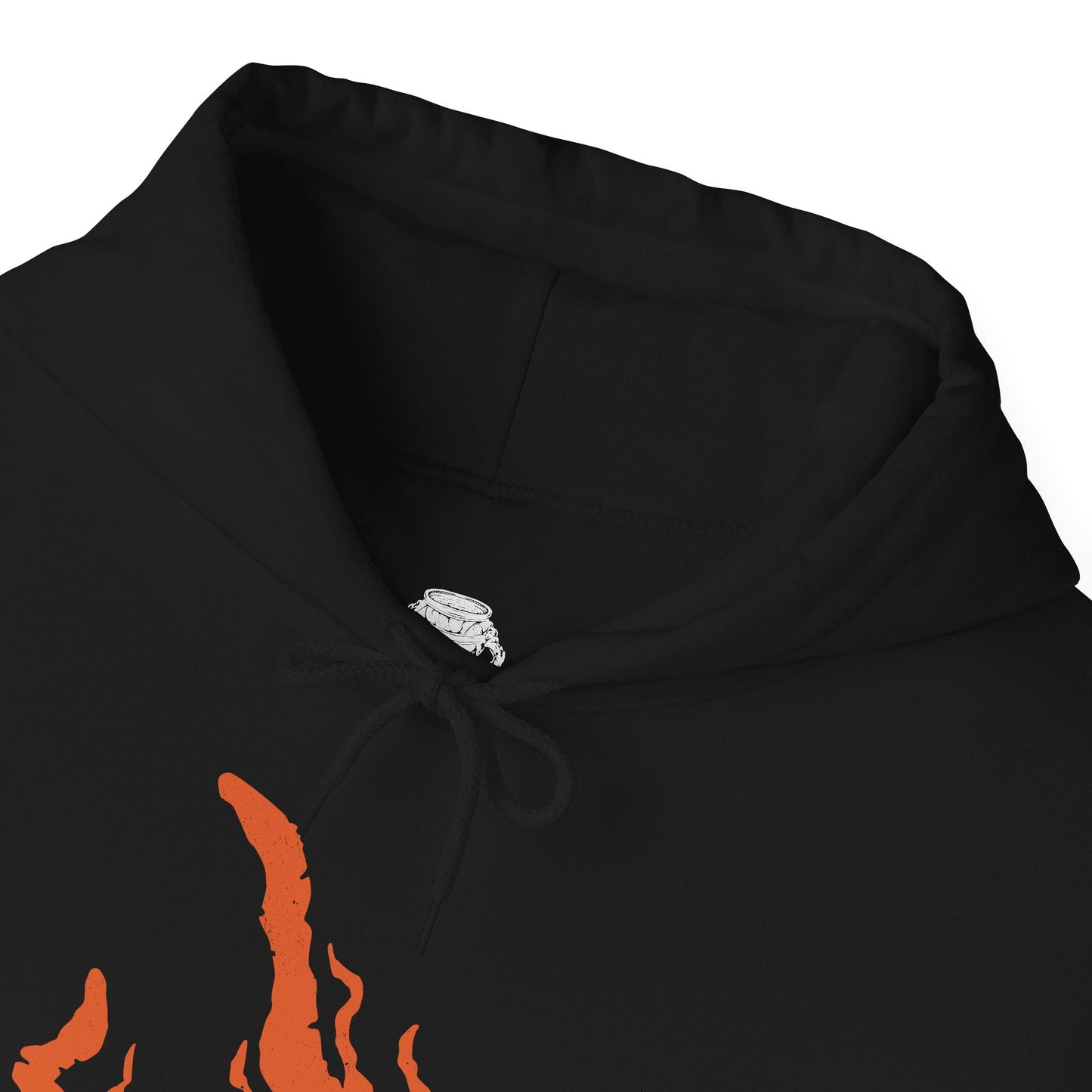 Folded Hooded Sweatshirt featuring Midra, Lord of Frenzied Flame, from Elden Ring, with a fiery and chaotic design that captures the overwhelming power and madness of the Frenzied Flame. The artwork highlights Midra’s intense gaze, engulfed in searing flames, and the ominous mark of the Three Fingers, embodying the devastating force of chaos. Perfect for fans who embrace the darker, unrestrained paths of the Lands Between.