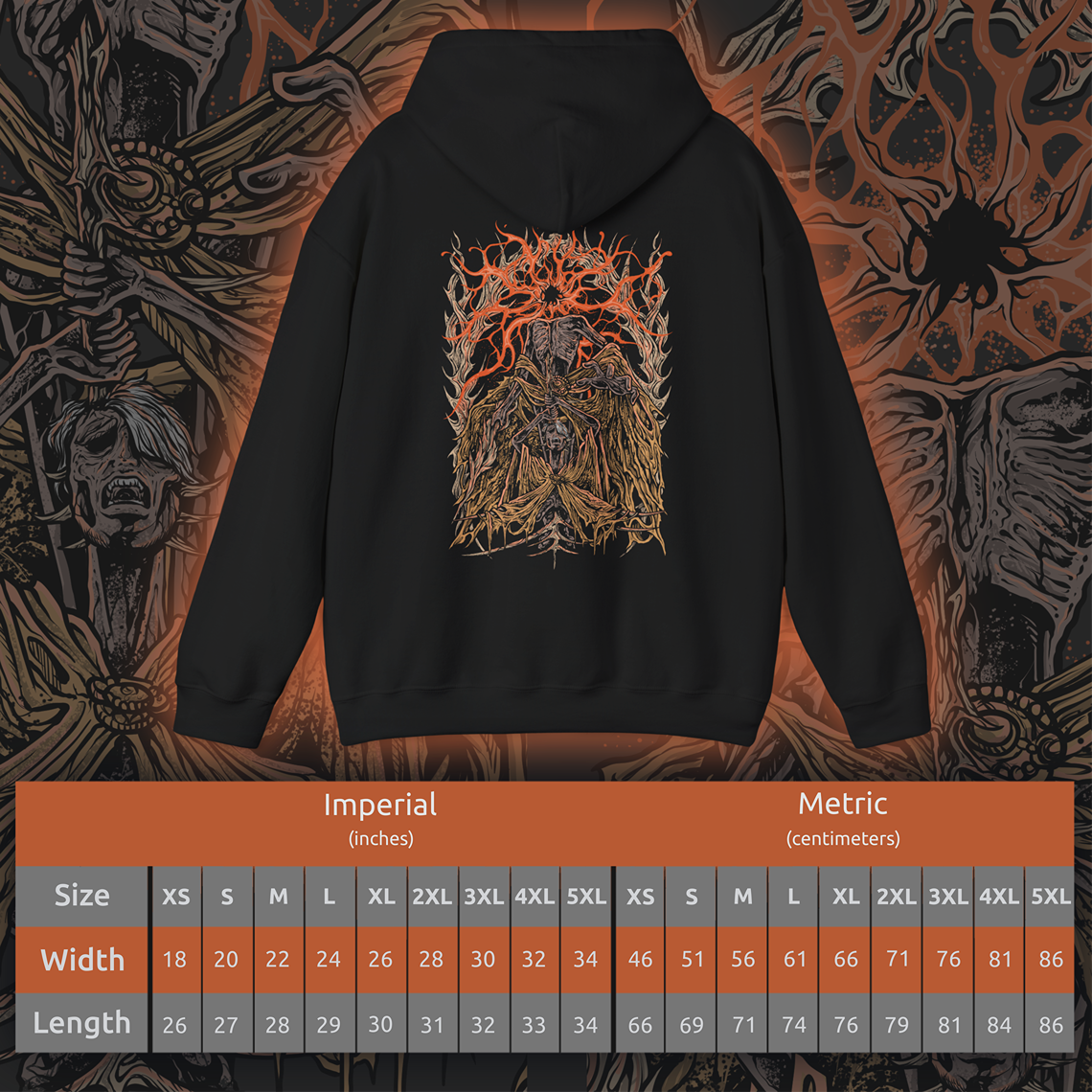 Size chart of a Hooded Sweatshirt featuring Midra, Lord of Frenzied Flame, from Elden Ring, with a fiery and chaotic design that captures the overwhelming power and madness of the Frenzied Flame. The artwork highlights Midra’s intense gaze, engulfed in searing flames, and the ominous mark of the Three Fingers, embodying the devastating force of chaos. Perfect for fans who embrace the darker, unrestrained paths of the Lands Between.