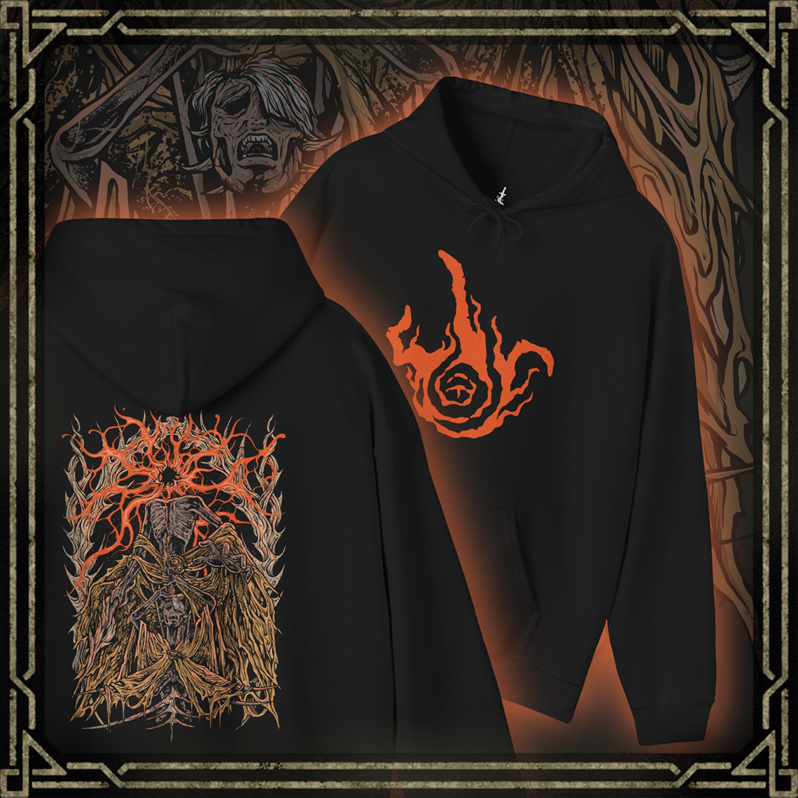 Thumbnail of a Hooded Sweatshirt featuring Midra, Lord of Frenzied Flame, from Elden Ring, with a fiery and chaotic design that captures the overwhelming power and madness of the Frenzied Flame. The artwork highlights Midra’s intense gaze, engulfed in searing flames, and the ominous mark of the Three Fingers, embodying the devastating force of chaos. Perfect for fans who embrace the darker, unrestrained paths of the Lands Between.