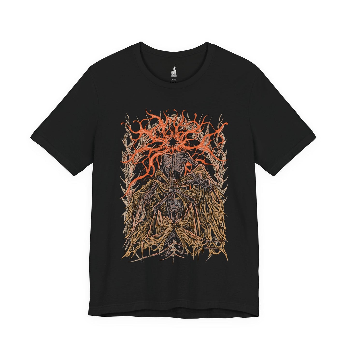 Image 3 of a Black T-shirt featuring Midra, Lord of Frenzied Flame, from Elden Ring, with a fiery and chaotic design that captures the overwhelming power and madness of the Frenzied Flame. The artwork highlights Midra’s intense gaze, engulfed in searing flames, and the ominous mark of the Three Fingers, embodying the devastating force of chaos. Perfect for fans who embrace the darker, unrestrained paths of the Lands Between.