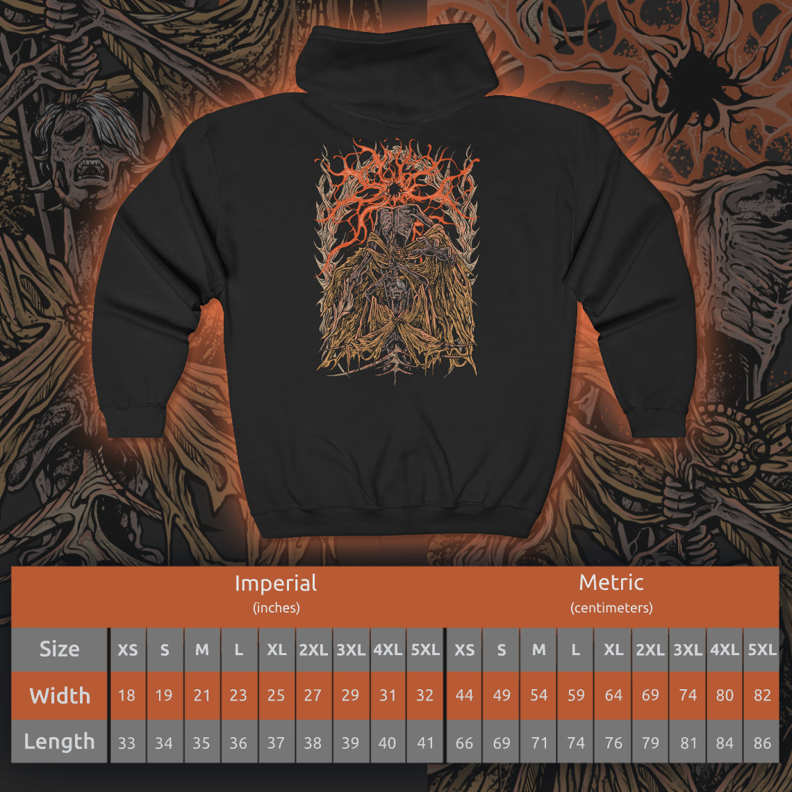 Size chart of a Zip-up Hooded Sweatshirt featuring Midra, Lord of Frenzied Flame from Elden Ring: Shadow of the Erdtree, once a sage whose ambition to master the Frenzied Flame ended in agony. Impaled by the Greatsword of Damnation and bound by golden barbs, he endures torment until his final monstrous transformation. This design captures Midra’s tragic fall, flame-wreathed power, and the madness that fuels his dominion in the Abyssal Woods.