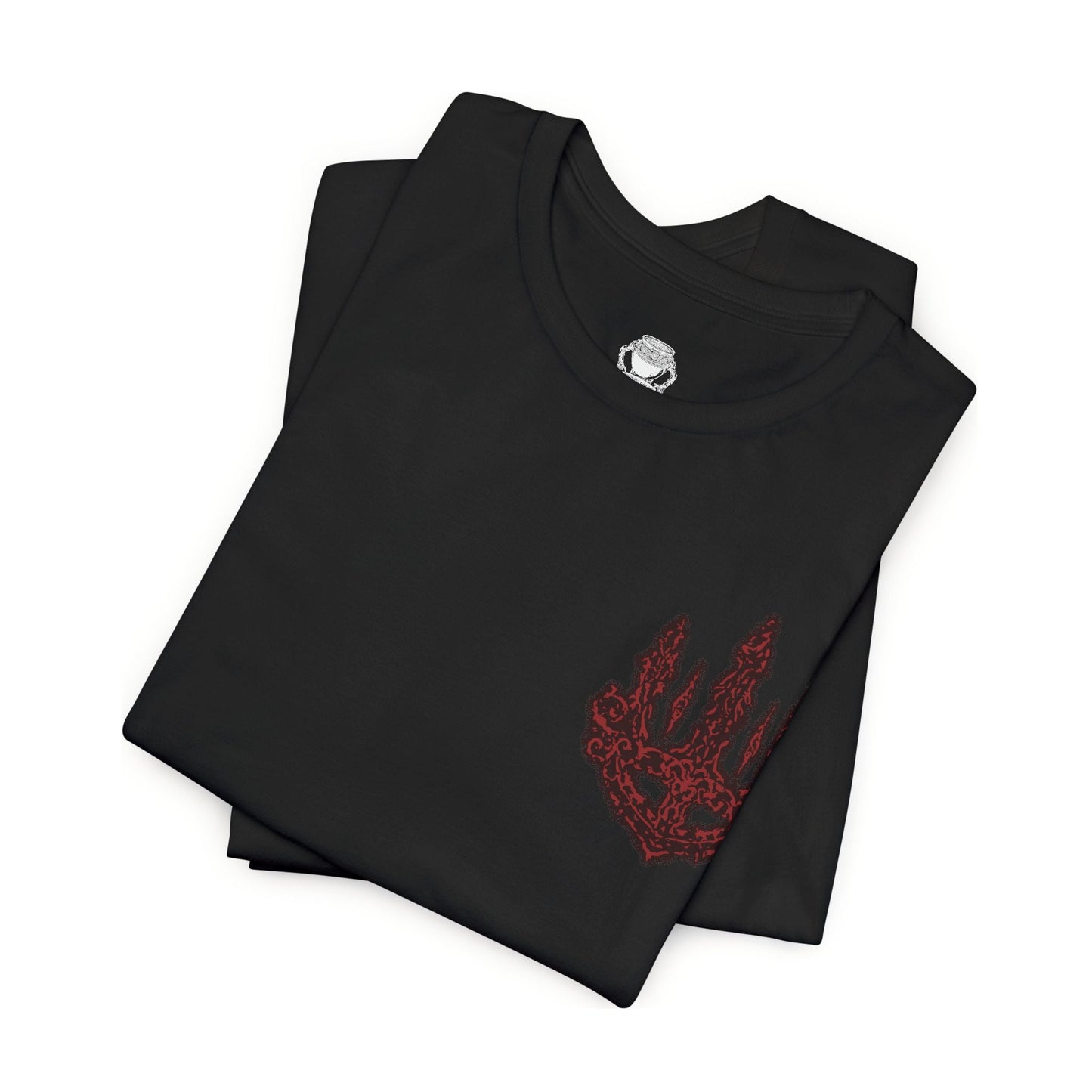 Folded T-shirt featuring Mohg, Lord of Blood from Elden Ring, displaying his dark, blood-soaked figure and menacing aura, ideal for fans drawn to the sinister lore of the Blood Dynasty and the powerful demigod of the Lands Between.