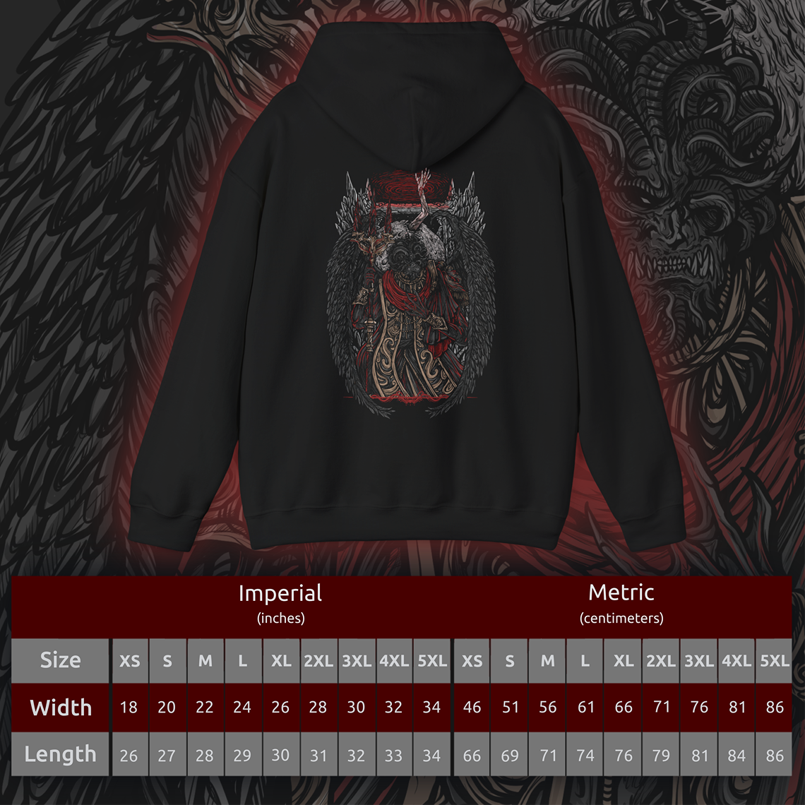 Size chart of a Hooded Sweatshirt featuring Mohg, Lord of Blood from Elden Ring, displaying his dark, blood-soaked figure and menacing aura, ideal for fans drawn to the sinister lore of the Blood Dynasty and the powerful demigod of the Lands Between.