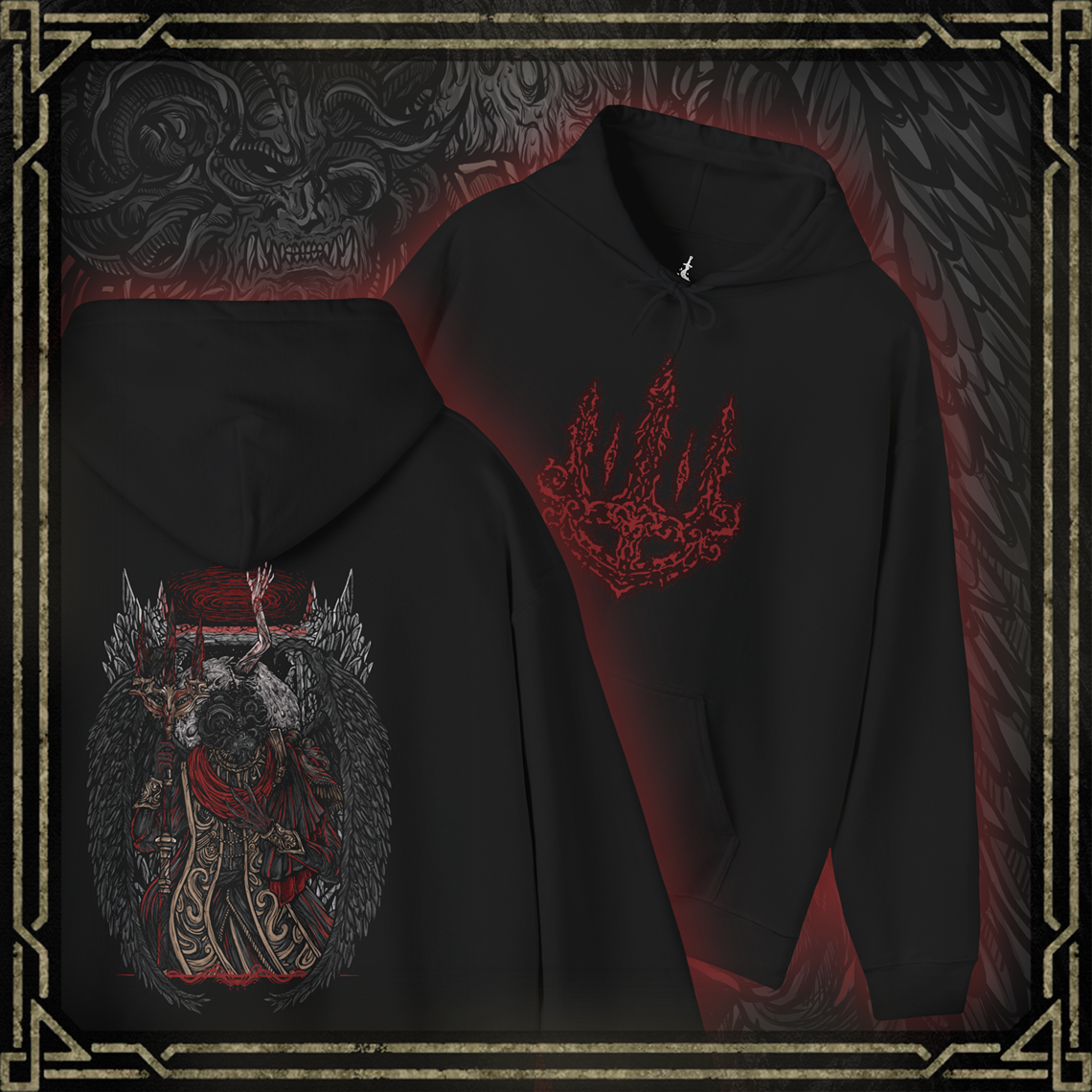 Thumbnail of a Hooded Sweatshirt featuring Mohg, Lord of Blood from Elden Ring, displaying his dark, blood-soaked figure and menacing aura, ideal for fans drawn to the sinister lore of the Blood Dynasty and the powerful demigod of the Lands Between.
