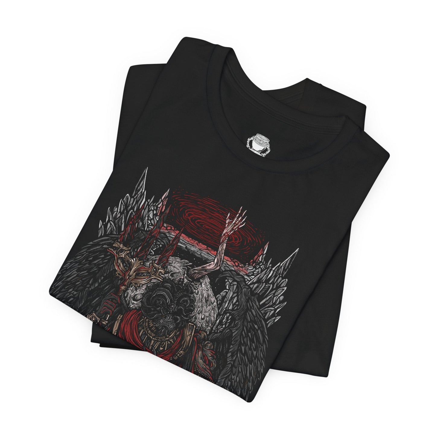 Folded T-shirt featuring Mohg, Lord of Blood from Elden Ring, displaying his dark, blood-soaked figure and menacing aura, ideal for fans drawn to the sinister lore of the Blood Dynasty and the powerful demigod of the Lands Between.