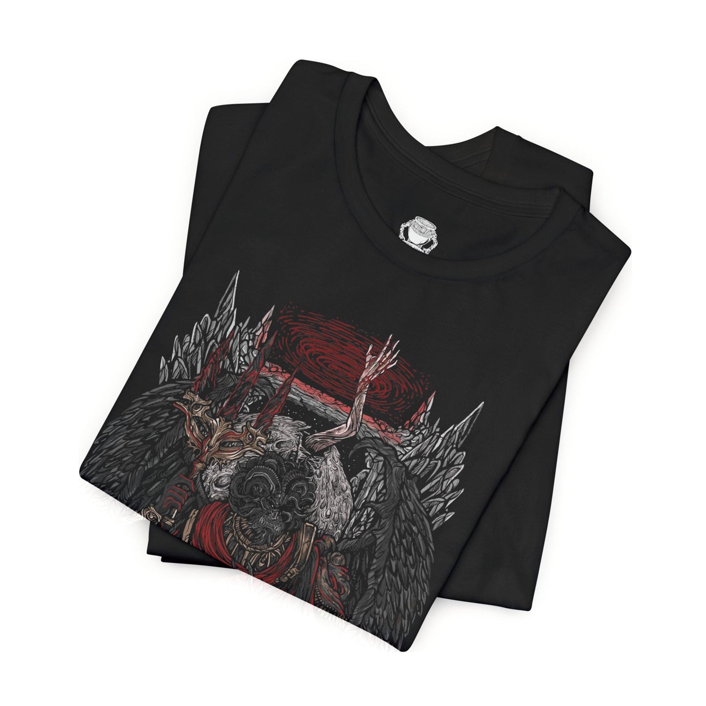 Folded T-shirt featuring Mohg, Lord of Blood from Elden Ring, displaying his dark, blood-soaked figure and menacing aura, ideal for fans drawn to the sinister lore of the Blood Dynasty and the powerful demigod of the Lands Between.
