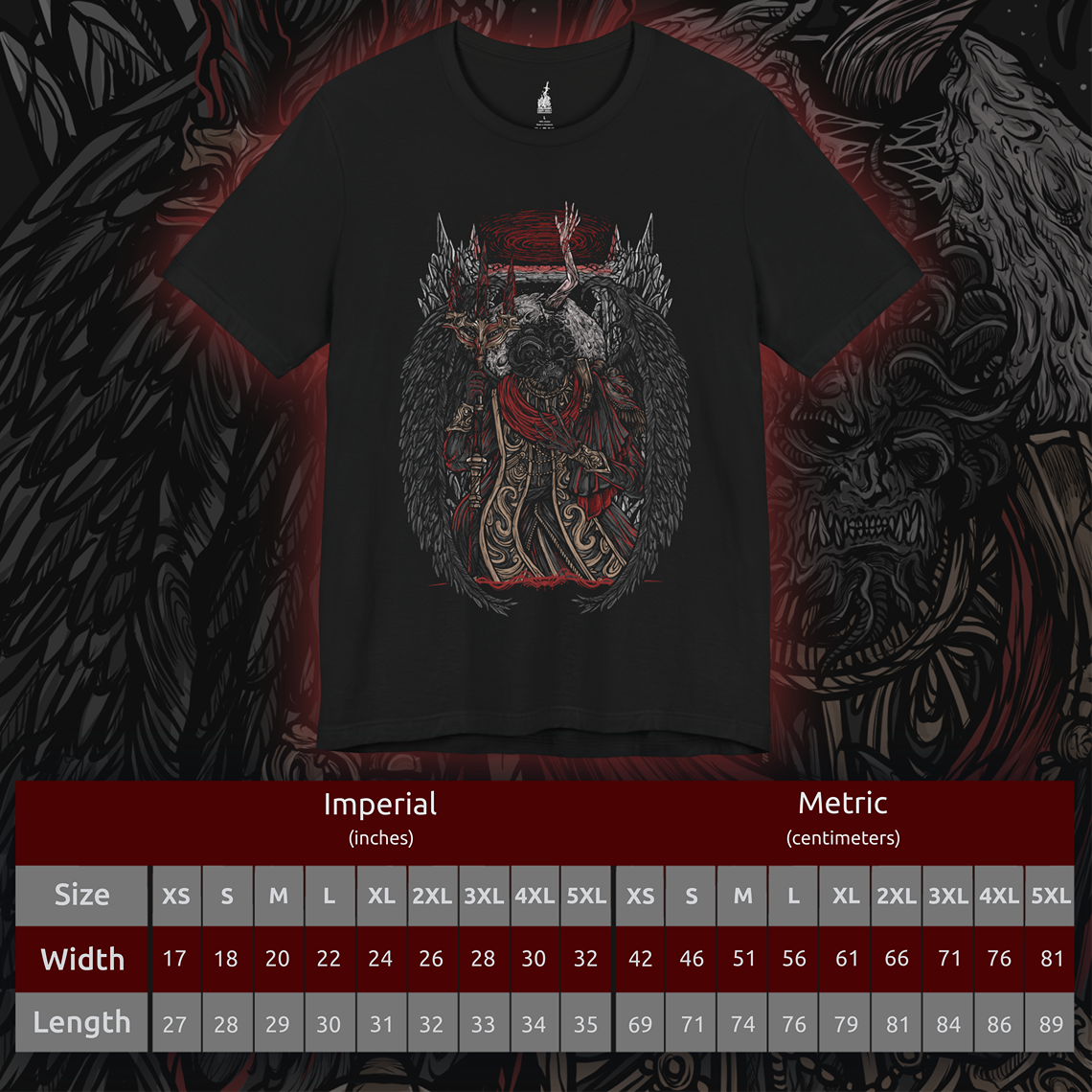 Size chart of a T-shirt featuring Mohg, Lord of Blood from Elden Ring, displaying his dark, blood-soaked figure and menacing aura, ideal for fans drawn to the sinister lore of the Blood Dynasty and the powerful demigod of the Lands Between.