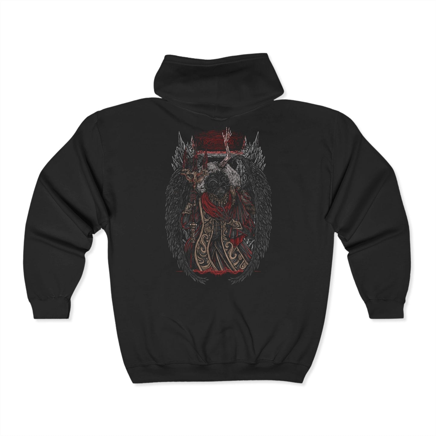 Folded Zip-up Hooded Sweatshirt featuring Mohg, Lord of Blood from Elden Ring, the dark demigod who dwells deep beneath the Lands Between. Cloaked in crimson and wielding cursed blood magic, Mohg seeks to establish a dynasty with the dormant Miquella. This design captures his regal menace and the grotesque beauty of his blood-soaked ambition.
