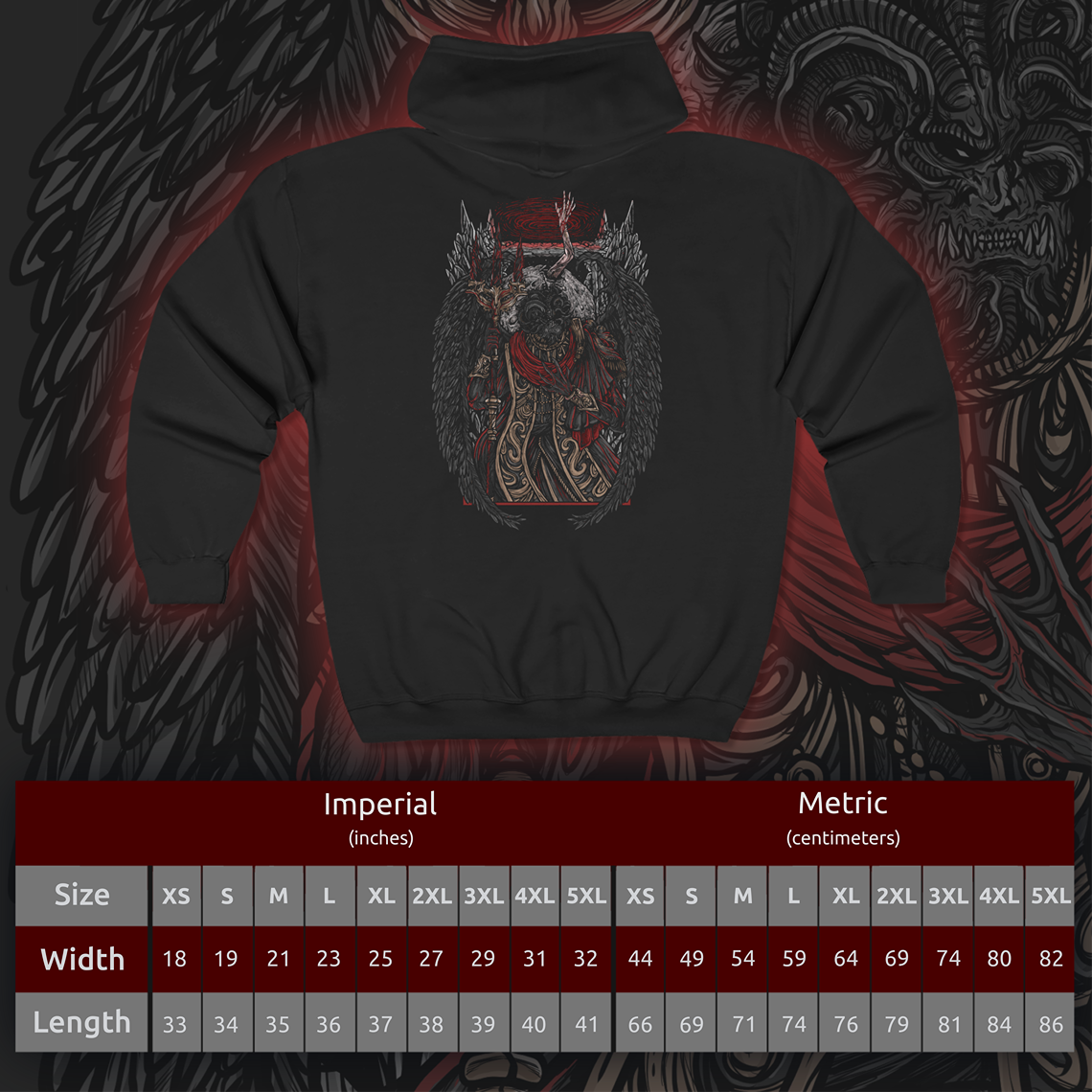 Size chart of a Zip-up Hooded Sweatshirt featuring Mohg, Lord of Blood from Elden Ring, the dark demigod who dwells deep beneath the Lands Between. Cloaked in crimson and wielding cursed blood magic, Mohg seeks to establish a dynasty with the dormant Miquella. This design captures his regal menace and the grotesque beauty of his blood-soaked ambition.