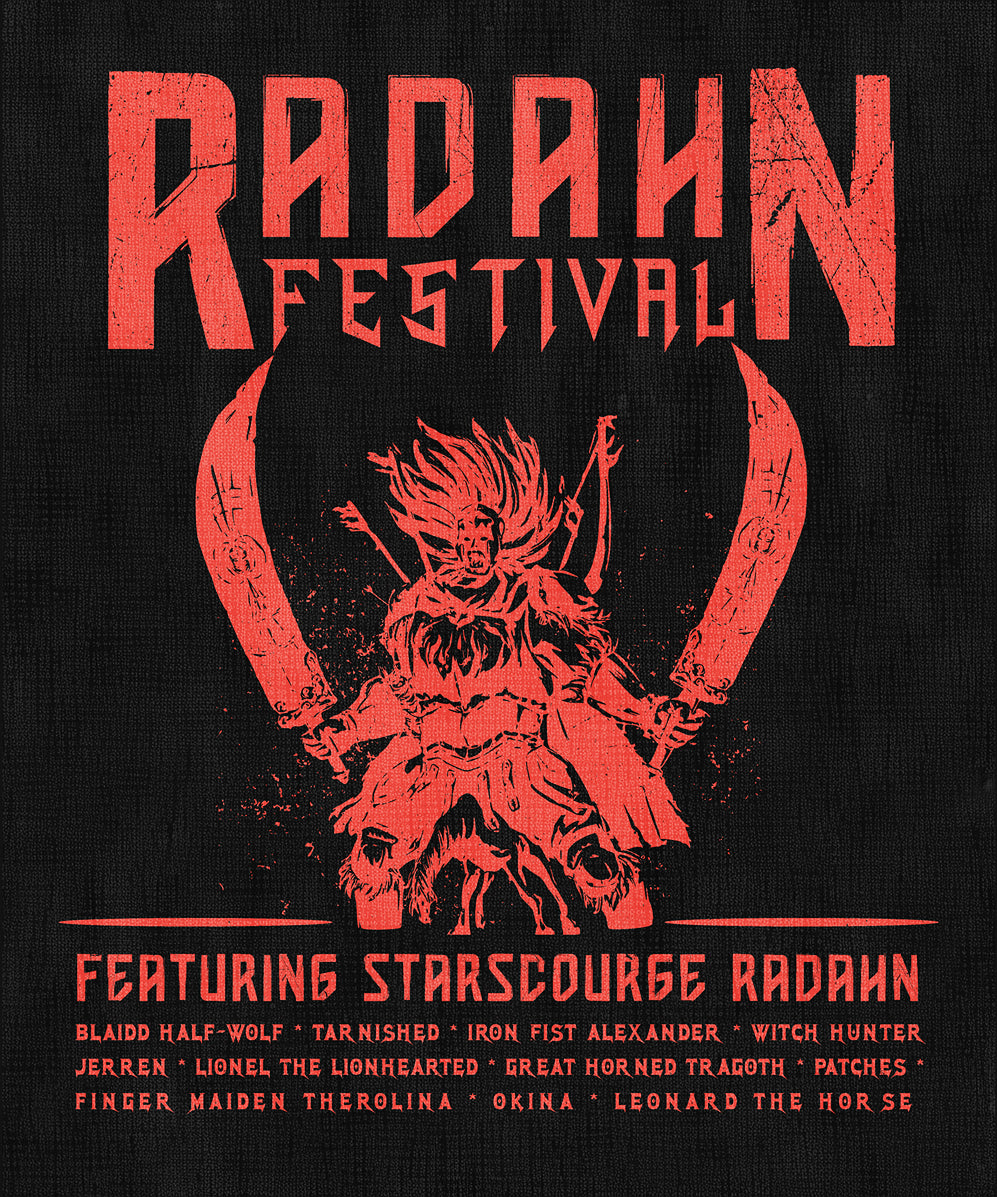 Artwork of Elden Ring Radahn Festival. The Radahn Festival is a grand event in Elden Ring, held in Redmane Castle to honor General Radahn, the Starscourge. After succumbing to Scarlet Rot, Radahn became a mindless beast roaming Caelid. Warriors from across the Lands Between gather to face him in glorious combat, granting him an honorable death. The festival is both a celebration and a tragic farewell to a once-great warlord.