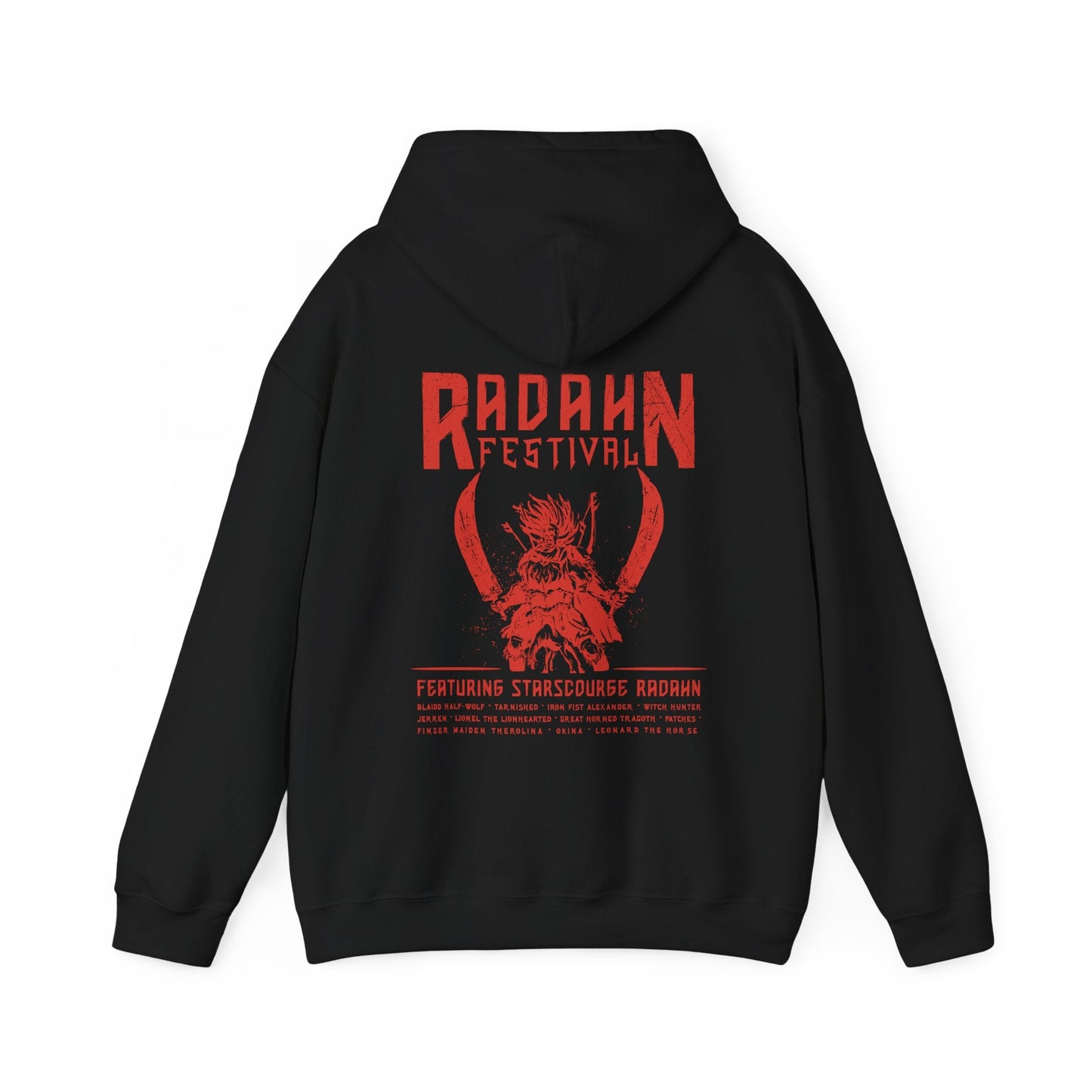Image 5 of a Hooded Sweatshirt featuring the iconic Radahn Festival from Elden Ring in a rock concert style, celebrating General Radahn’s legendary showdown with fierce warriors, perfect for fans who love the epic scale and energy of this unforgettable battle in the Lands Between.