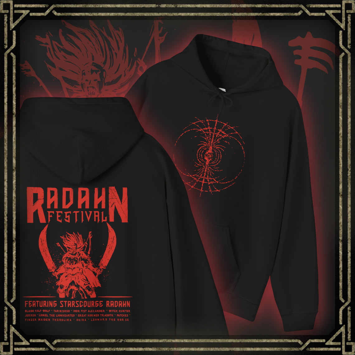 Thumbnail of a Hooded Sweatshirt featuring the iconic Radahn Festival from Elden Ring in a rock concert style, celebrating General Radahn’s legendary showdown with fierce warriors, perfect for fans who love the epic scale and energy of this unforgettable battle in the Lands Between.