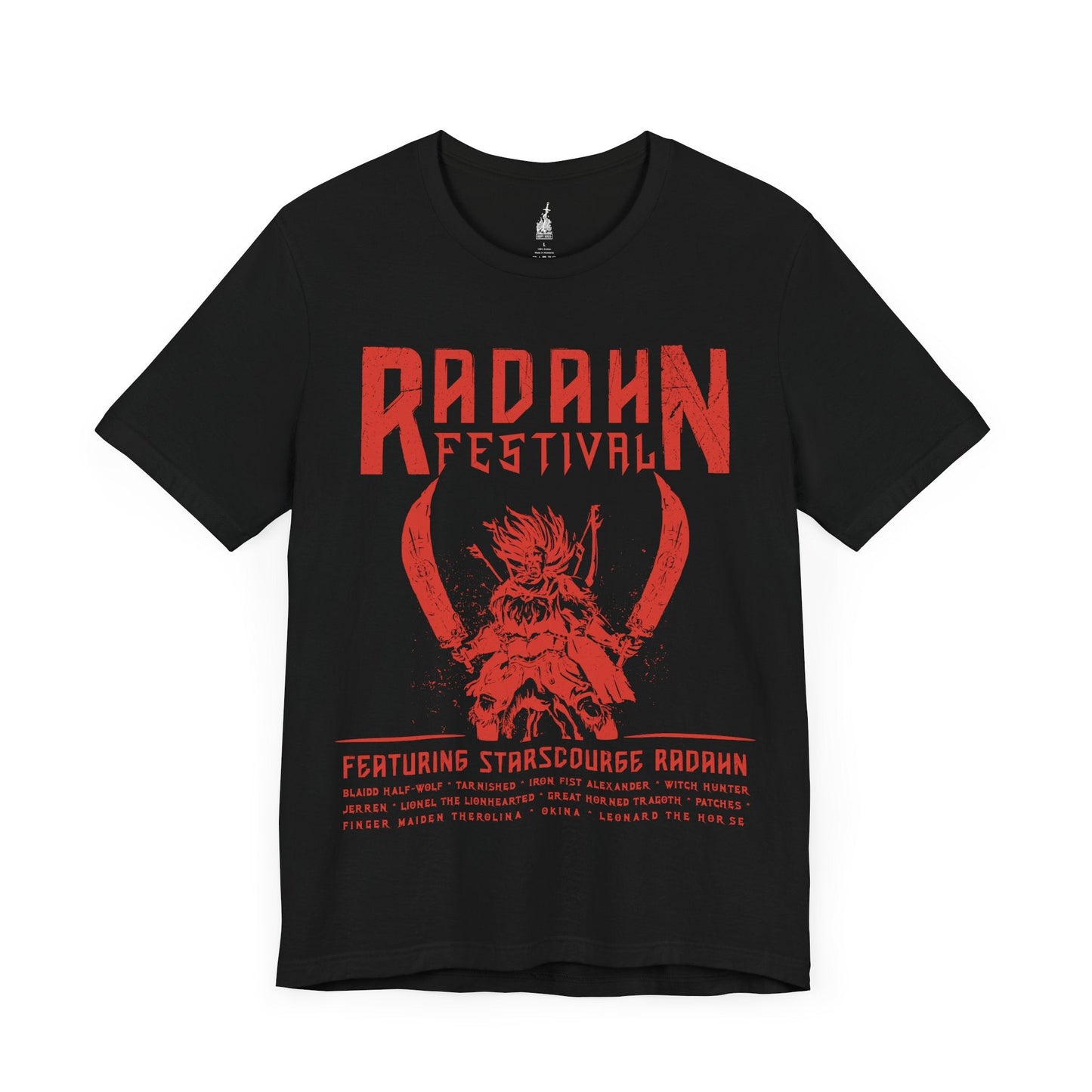 Image 3 of a Black T-shirt featuring the iconic Radahn Festival from Elden Ring in a rock concert style, celebrating General Radahn’s legendary showdown with fierce warriors, perfect for fans who love the epic scale and energy of this unforgettable battle in the Lands Between.