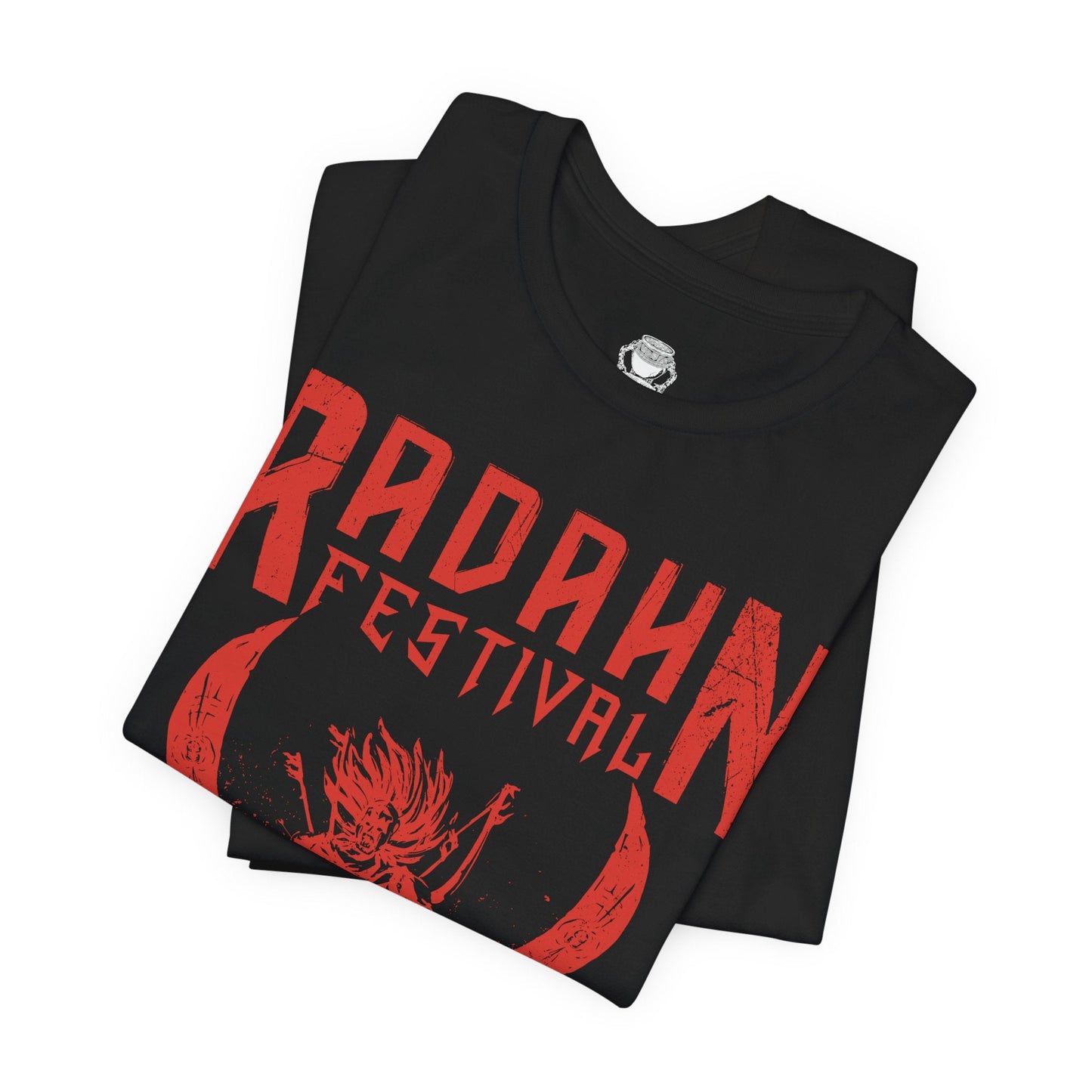 Folded T-shirt featuring the iconic Radahn Festival from Elden Ring in a rock concert style, celebrating General Radahn’s legendary showdown with fierce warriors, perfect for fans who love the epic scale and energy of this unforgettable battle in the Lands Between.
