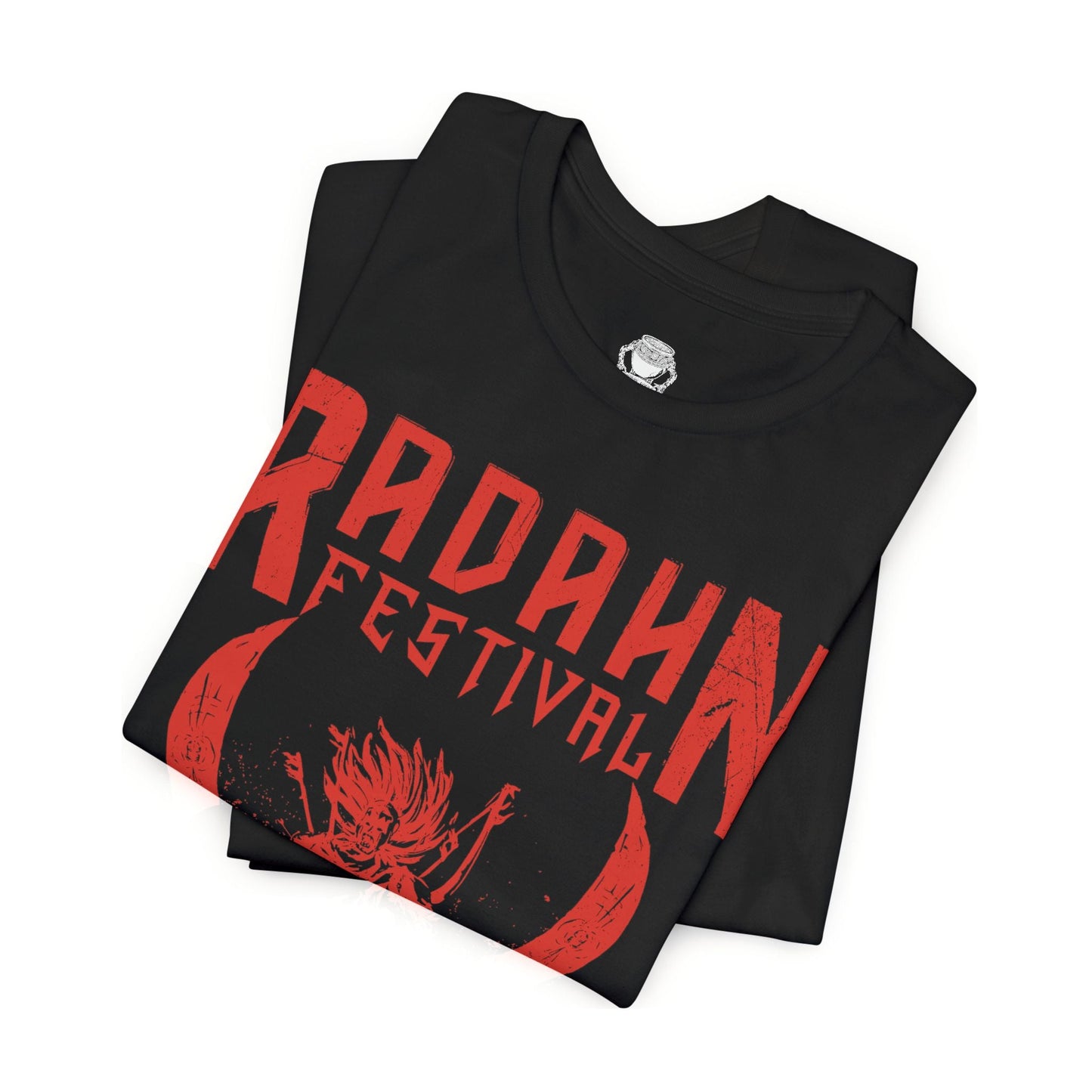 Folded T-shirt featuring the iconic Radahn Festival from Elden Ring in a rock concert style, celebrating General Radahn’s legendary showdown with fierce warriors, perfect for fans who love the epic scale and energy of this unforgettable battle in the Lands Between.