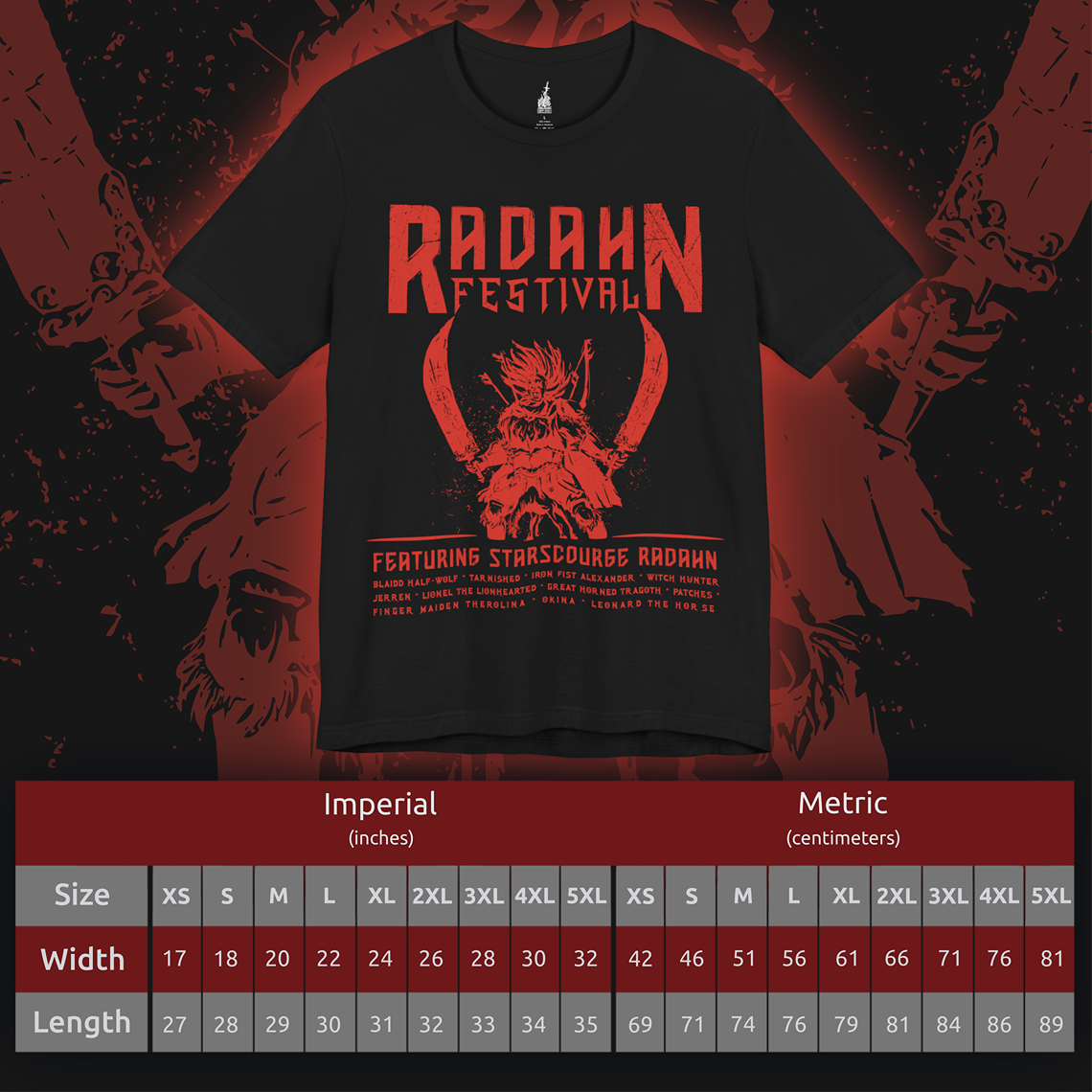 Size chart of a T-shirt featuring the iconic Radahn Festival from Elden Ring in a rock concert style, celebrating General Radahn’s legendary showdown with fierce warriors, perfect for fans who love the epic scale and energy of this unforgettable battle in the Lands Between.