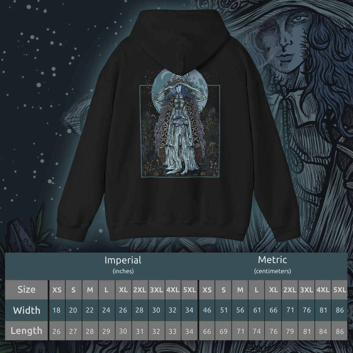 Size chart of a Hooded Sweatshirt showcasing Ranni the Witch from Elden Ring, the enigmatic sorceress who severed her Great Rune and turned her back on the Golden Order. Known for her spectral four-armed doll form and piercing cold gaze, Ranni commands a fate written in moonlight. Her journey intertwines deeply with death, betrayal, and the Age of Stars ending, making her one of the most beloved and pivotal characters in the Lands Between.