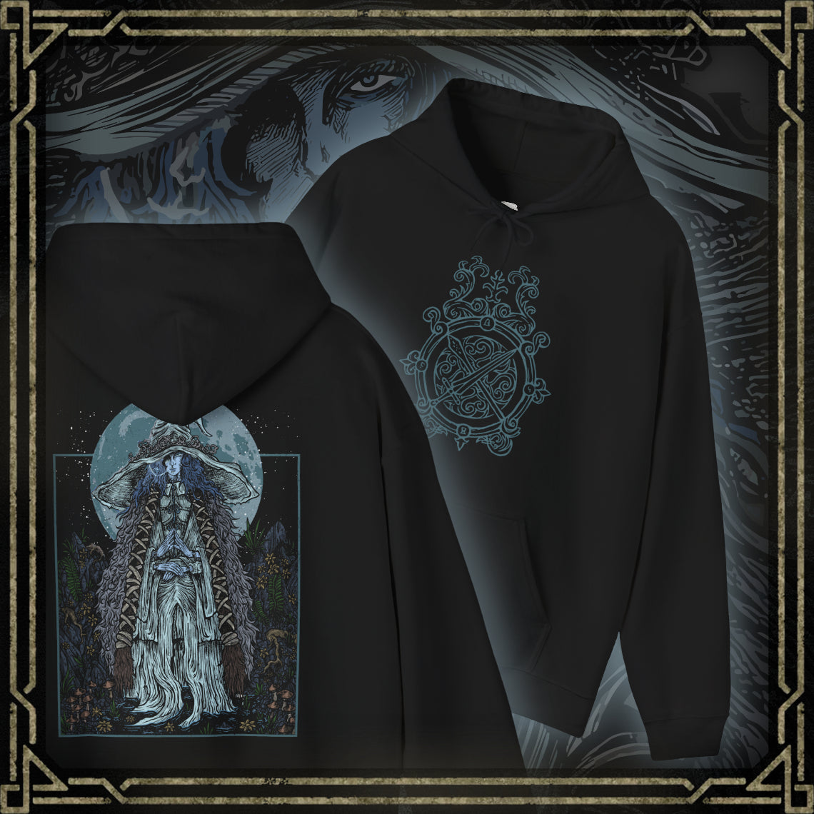 Thumbnail of a Hooded Sweatshirt showcasing Ranni the Witch from Elden Ring, the enigmatic sorceress who severed her Great Rune and turned her back on the Golden Order. Known for her spectral four-armed doll form and piercing cold gaze, Ranni commands a fate written in moonlight. Her journey intertwines deeply with death, betrayal, and the Age of Stars ending, making her one of the most beloved and pivotal characters in the Lands Between.