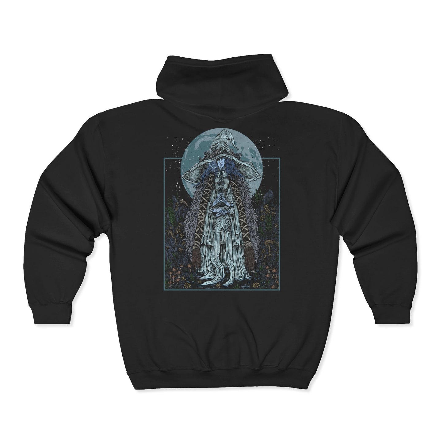 Folded Zip-up Hooded Sweatshirt featuring Ranni the Witch from Elden Ring, the mysterious Lunar Princess who defied the Greater Will and cast aside her mortal flesh. With her ghostly blue form and cold wisdom, Ranni guides the Tarnished toward the Age of Stars. This design captures her ethereal presence beneath a starlit sky, symbolizing fate, rebellion, and the beauty of the cosmos.