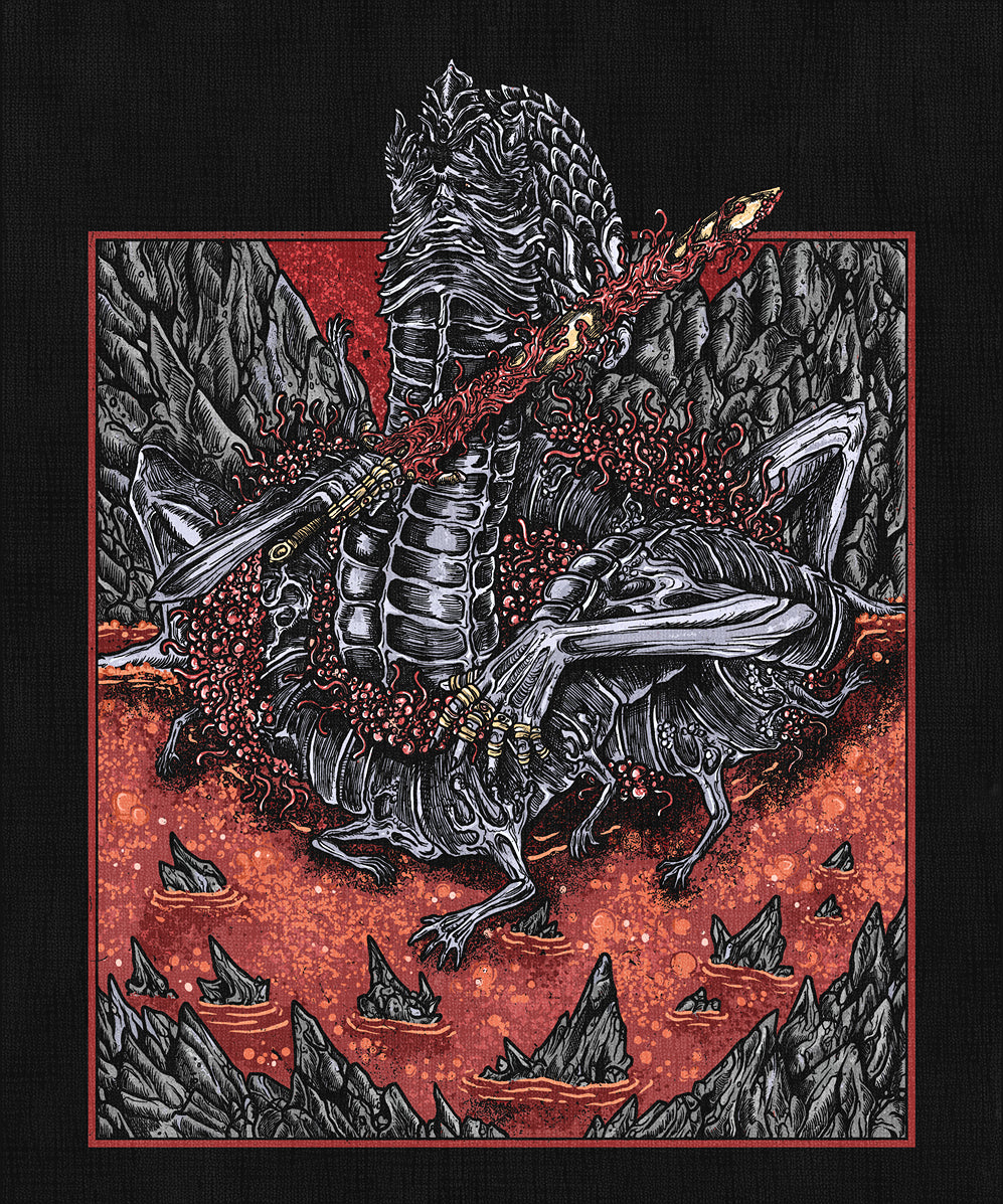 Concept Art of Elden Ring Rykard Lord of Blasphemy Grim. In Elden Ring, Rykard was a Shardbearer who embraced blasphemy to overthrow the Erdtree. He allowed himself to be devoured by the God-Devouring Serpent, fusing into a monstrous abomination. Rykard’s rebellion fuels the Volcano Manor, where strength and defiance reign over divine law.