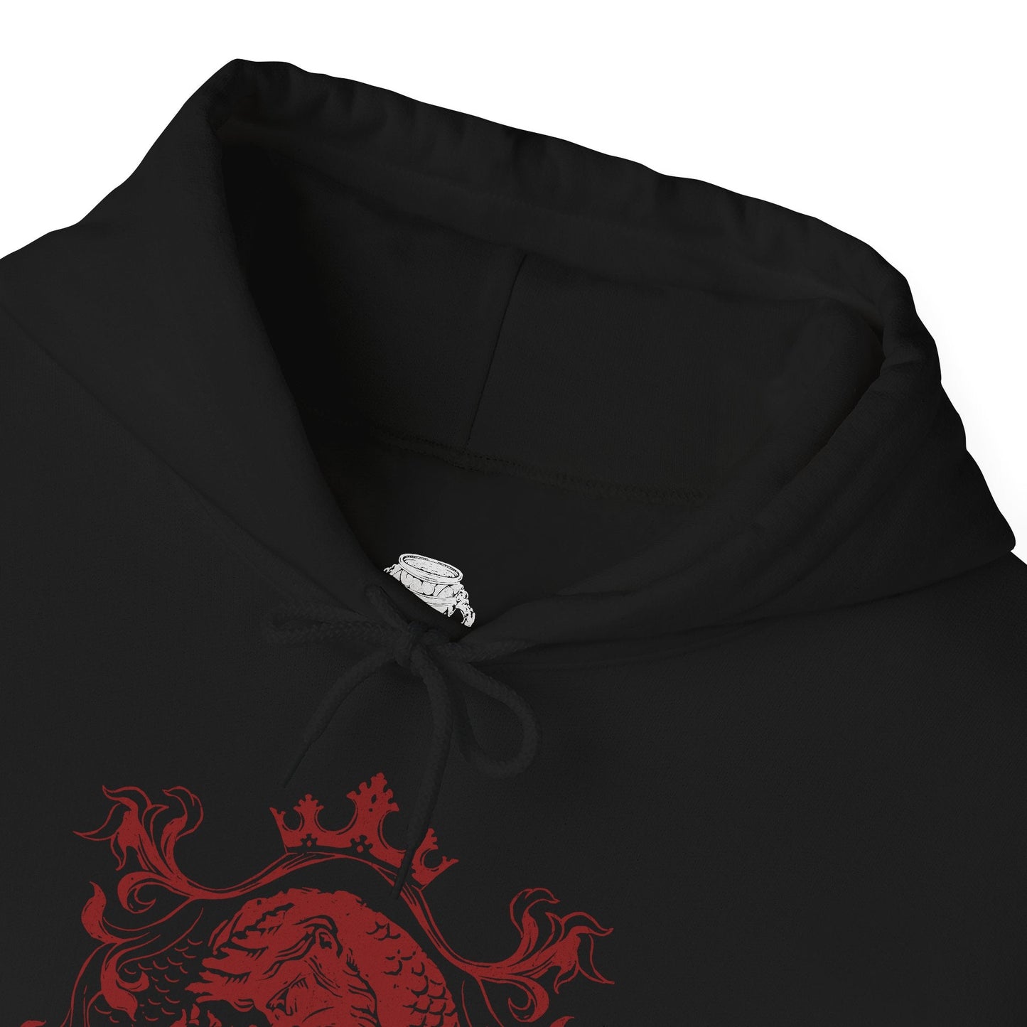Folded Hooded Sweatshirt showcasing Rykard, Lord of Blasphemy from Elden Ring, the defiant ruler of Mt. Gelmir who chose chaos over grace. After merging with the God-Devouring Serpent, Rykard became an immortal abomination, vowing to devour the gods themselves. Wielding the great Serpent-Hunter weapon against his own followers, his tale is one of madness and ambition, perfectly represented in this fiery, hellish design.