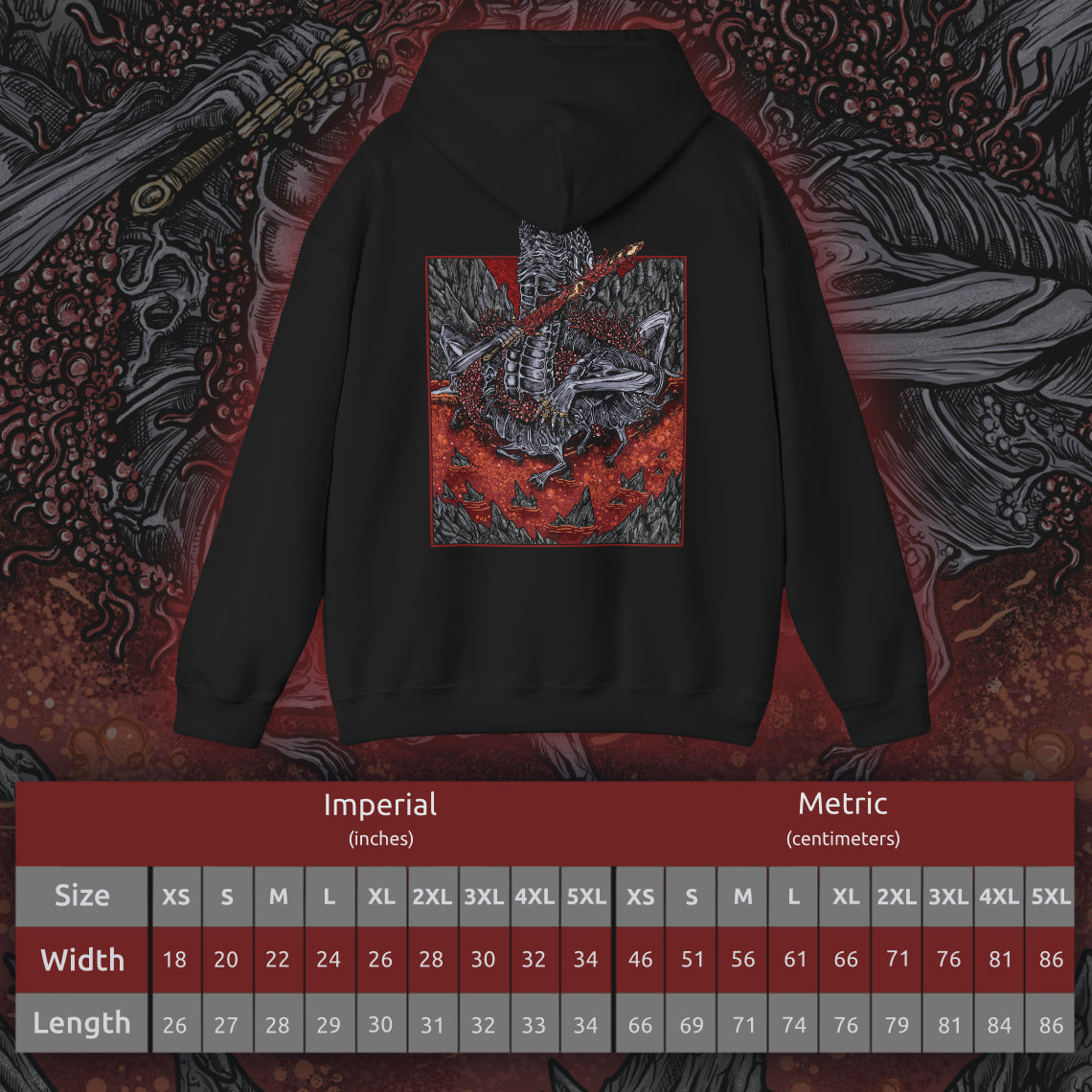 Size chart of a Hooded Sweatshirt showcasing Rykard, Lord of Blasphemy from Elden Ring, the defiant ruler of Mt. Gelmir who chose chaos over grace. After merging with the God-Devouring Serpent, Rykard became an immortal abomination, vowing to devour the gods themselves. Wielding the great Serpent-Hunter weapon against his own followers, his tale is one of madness and ambition, perfectly represented in this fiery, hellish design.