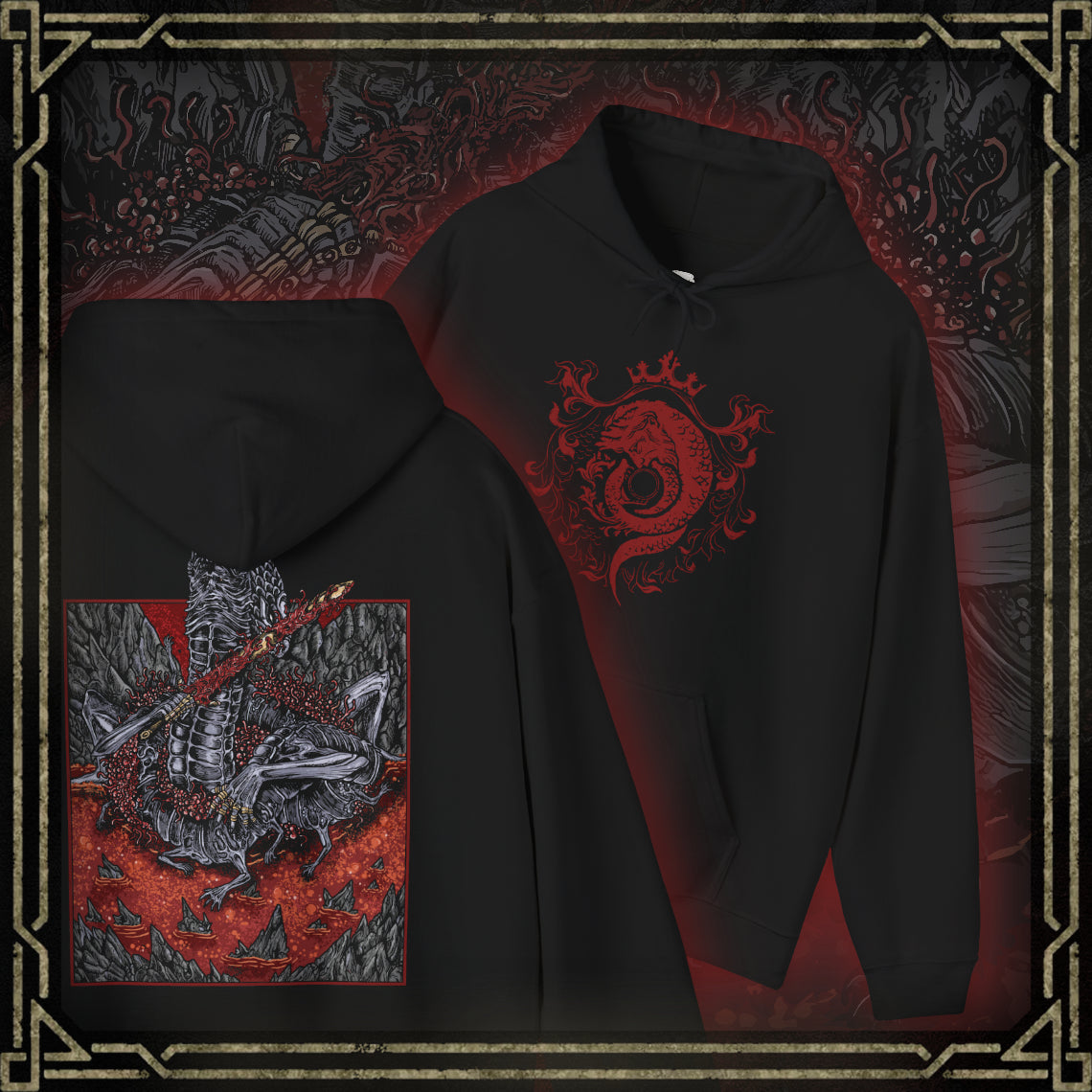 Thumbnail of a Hooded Sweatshirt showcasing Rykard, Lord of Blasphemy from Elden Ring, the defiant ruler of Mt. Gelmir who chose chaos over grace. After merging with the God-Devouring Serpent, Rykard became an immortal abomination, vowing to devour the gods themselves. Wielding the great Serpent-Hunter weapon against his own followers, his tale is one of madness and ambition, perfectly represented in this fiery, hellish design.