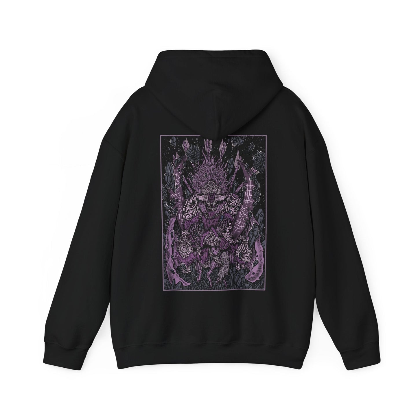 Image 4 of a Hooded Sweatshirt featuring Starscourge Radahn from Elden Ring, the Red Lion General and master of gravity magic. Towering in crimson armor and wielding twin greatswords, Radahn once held the stars themselves in place, halting the cosmos through sheer force of will. Riding his loyal steed Leonard using gravity sorcery, he is both a symbol of overwhelming strength and tragic ruin—his mind shattered by Scarlet Rot. A must-have for fans of Elden Ring’s most iconic bosses.