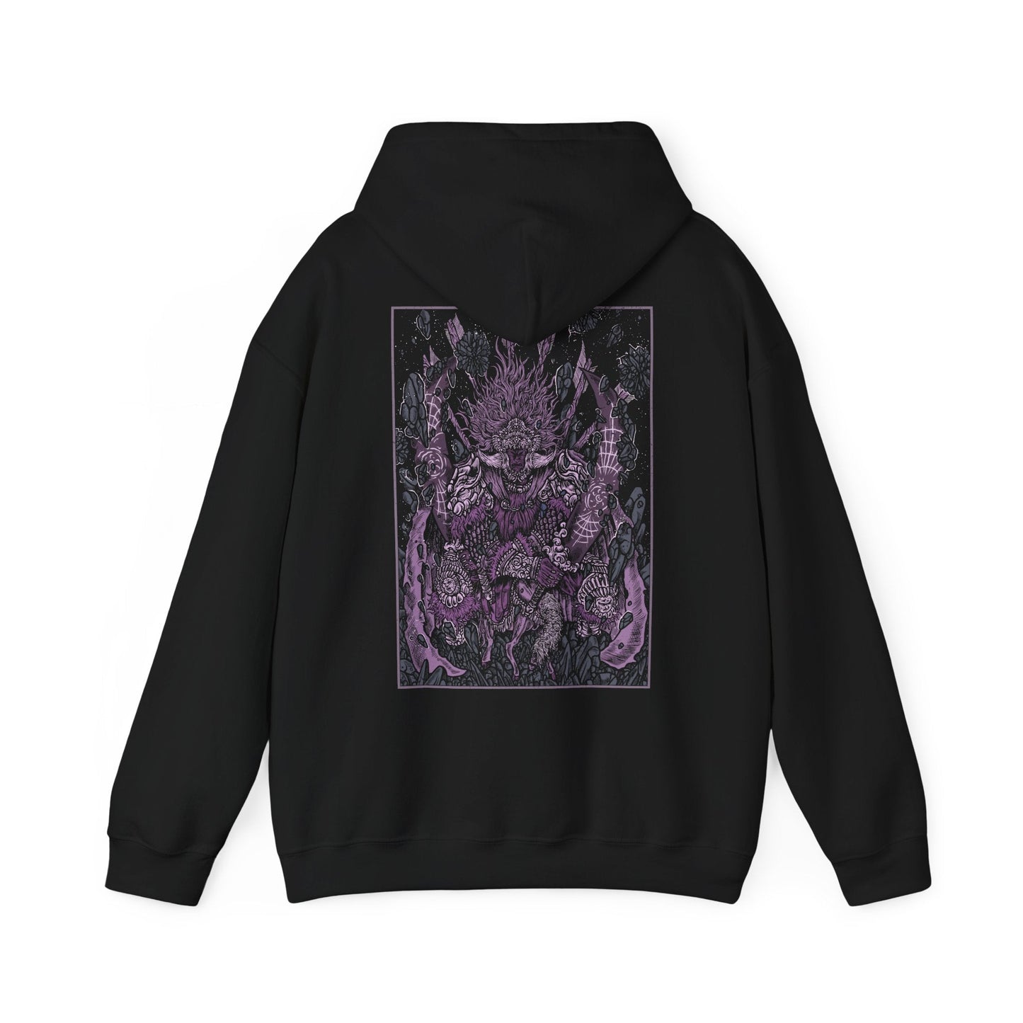 Image 5 of a Hooded Sweatshirt featuring Starscourge Radahn from Elden Ring, the Red Lion General and master of gravity magic. Towering in crimson armor and wielding twin greatswords, Radahn once held the stars themselves in place, halting the cosmos through sheer force of will. Riding his loyal steed Leonard using gravity sorcery, he is both a symbol of overwhelming strength and tragic ruin—his mind shattered by Scarlet Rot. A must-have for fans of Elden Ring’s most iconic bosses.