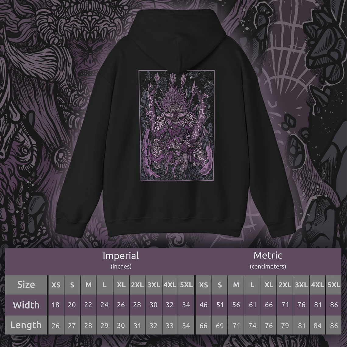 Size chart of a Hooded Sweatshirt featuring Starscourge Radahn from Elden Ring, the Red Lion General and master of gravity magic. Towering in crimson armor and wielding twin greatswords, Radahn once held the stars themselves in place, halting the cosmos through sheer force of will. Riding his loyal steed Leonard using gravity sorcery, he is both a symbol of overwhelming strength and tragic ruin—his mind shattered by Scarlet Rot. A must-have for fans of Elden Ring’s most iconic bosses.