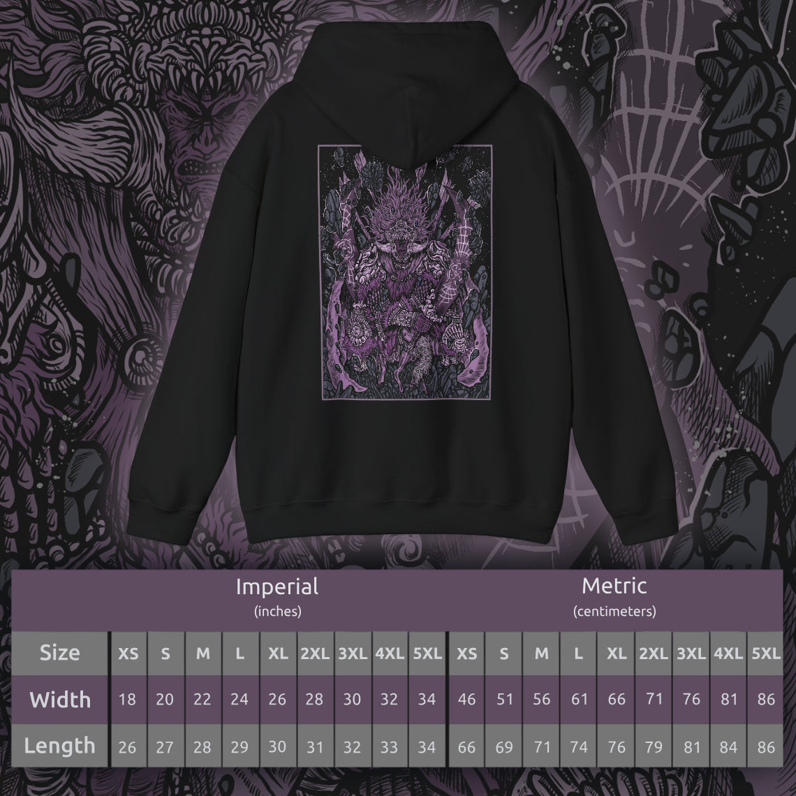 Size chart of a Hooded Sweatshirt featuring Starscourge Radahn from Elden Ring, the Red Lion General and master of gravity magic. Towering in crimson armor and wielding twin greatswords, Radahn once held the stars themselves in place, halting the cosmos through sheer force of will. Riding his loyal steed Leonard using gravity sorcery, he is both a symbol of overwhelming strength and tragic ruin—his mind shattered by Scarlet Rot. A must-have for fans of Elden Ring’s most iconic bosses.