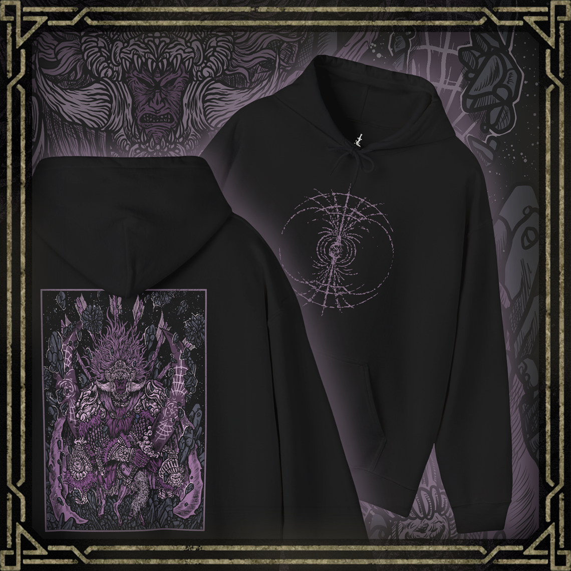 Thumbnail of a Hooded Sweatshirt featuring Starscourge Radahn from Elden Ring, the Red Lion General and master of gravity magic. Towering in crimson armor and wielding twin greatswords, Radahn once held the stars themselves in place, halting the cosmos through sheer force of will. Riding his loyal steed Leonard using gravity sorcery, he is both a symbol of overwhelming strength and tragic ruin—his mind shattered by Scarlet Rot. A must-have for fans of Elden Ring’s most iconic bosses.