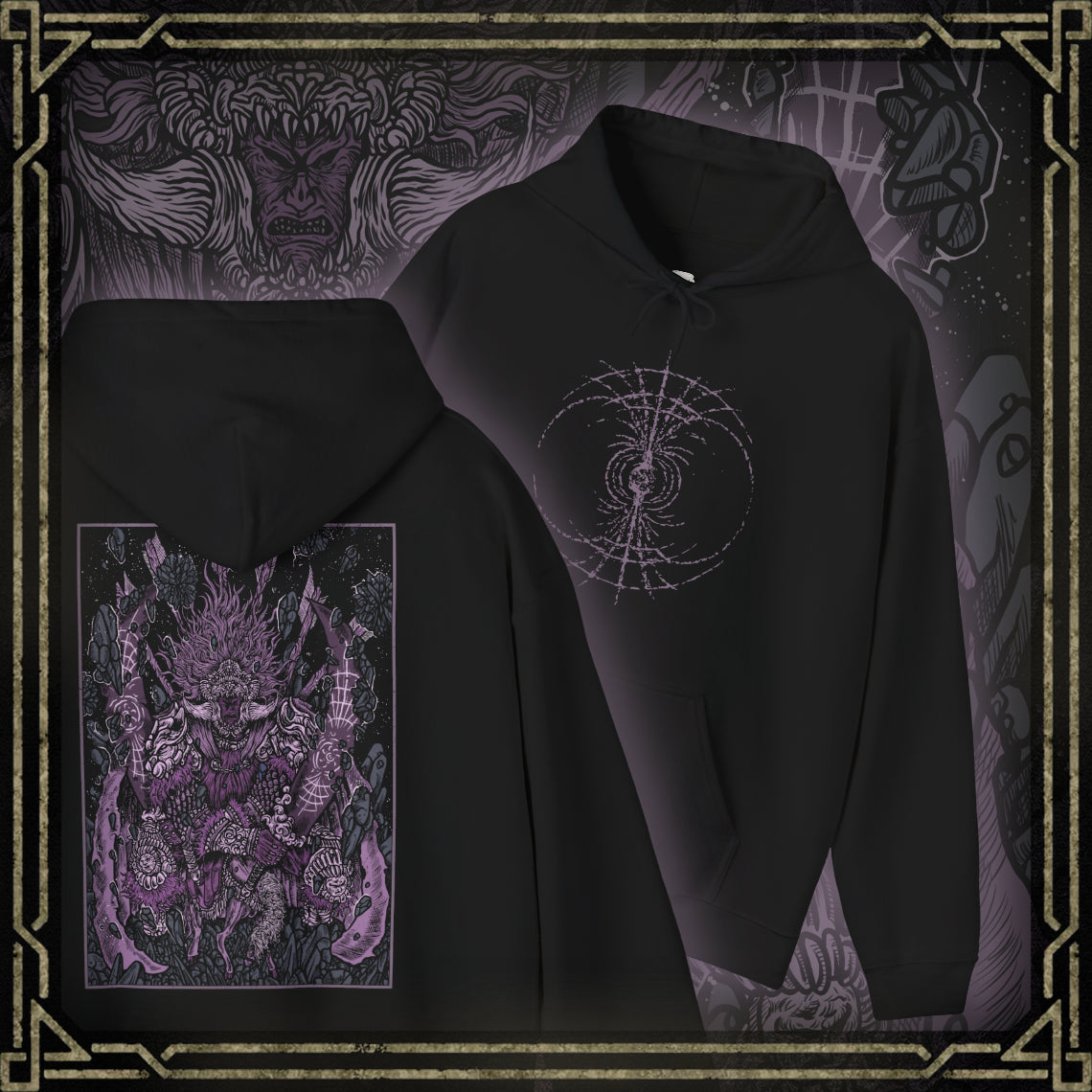 Thumbnail of a Hooded Sweatshirt featuring Starscourge Radahn from Elden Ring, the Red Lion General and master of gravity magic. Towering in crimson armor and wielding twin greatswords, Radahn once held the stars themselves in place, halting the cosmos through sheer force of will. Riding his loyal steed Leonard using gravity sorcery, he is both a symbol of overwhelming strength and tragic ruin—his mind shattered by Scarlet Rot. A must-have for fans of Elden Ring’s most iconic bosses.