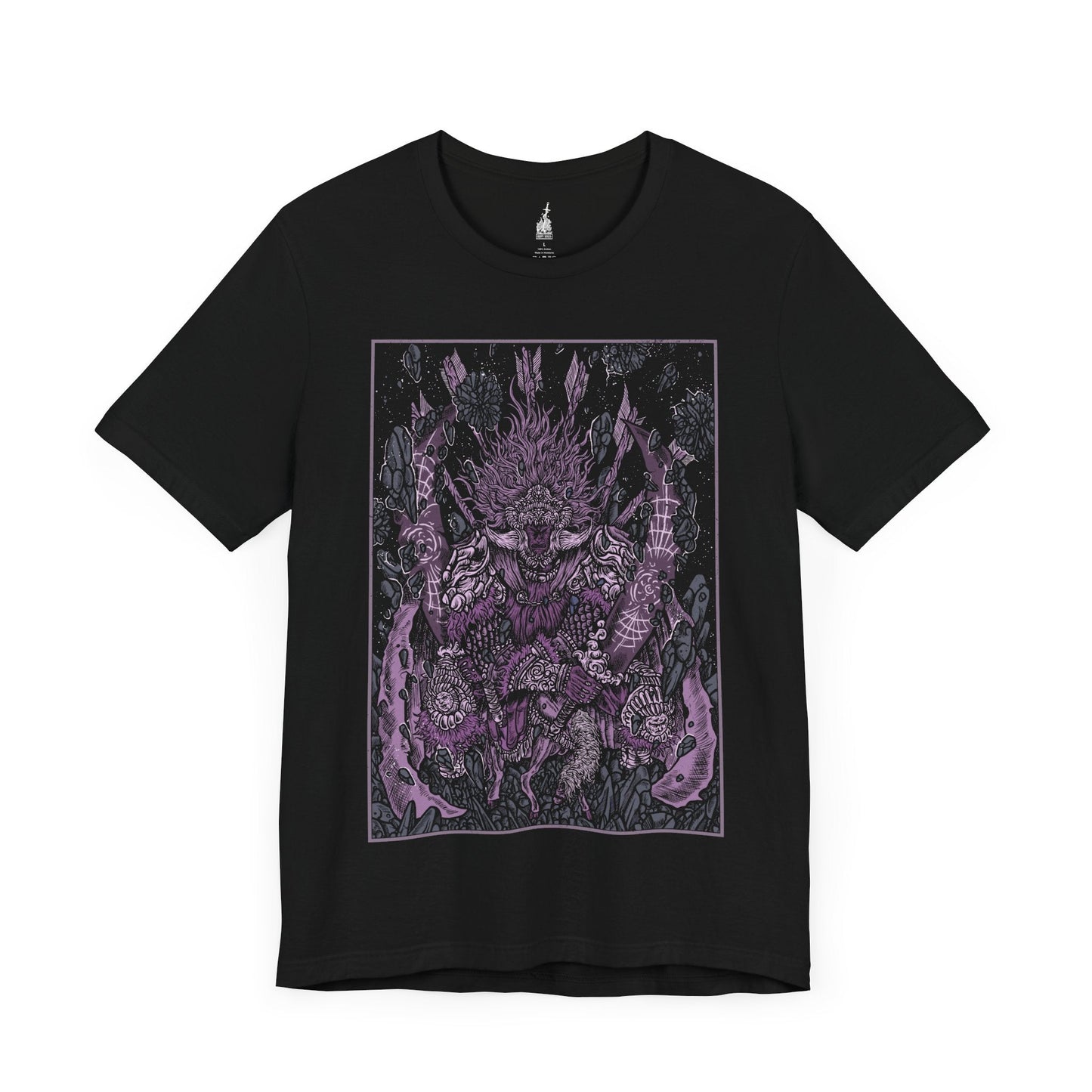 Image 3 of a Black T-shirt featuring Starscourge Radahn from Elden Ring in a grim design, showcasing his towering presence, gravity-defying power, and tragic backstory, perfect for fans who revere his status as one of the most formidable and iconic bosses in the Lands Between.