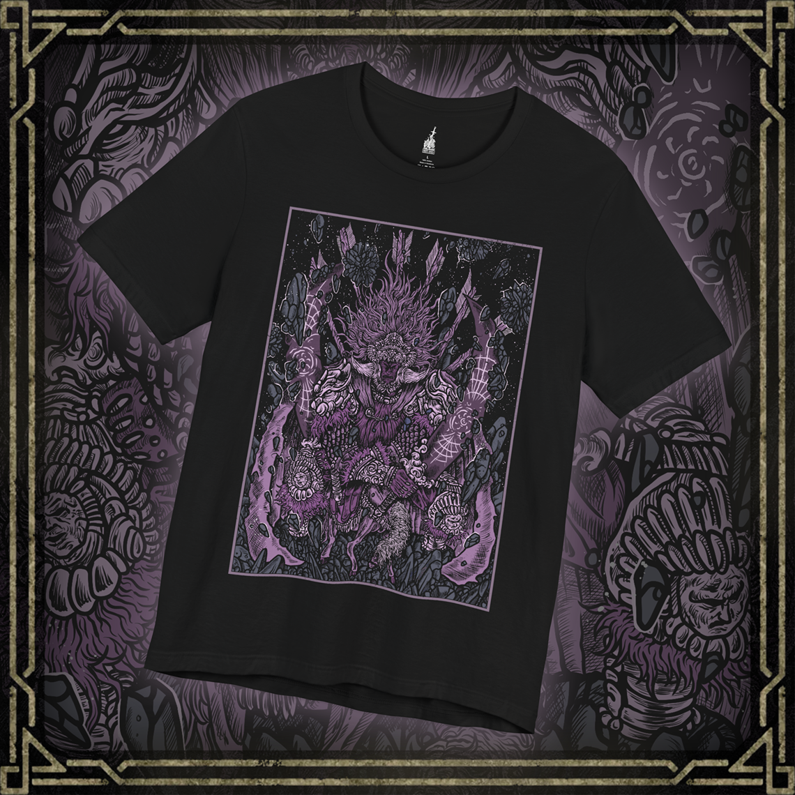Thumbnail of a T-shirt featuring Starscourge Radahn from Elden Ring in a grim design, showcasing his towering presence, gravity-defying power, and tragic backstory, perfect for fans who revere his status as one of the most formidable and iconic bosses in the Lands Between.